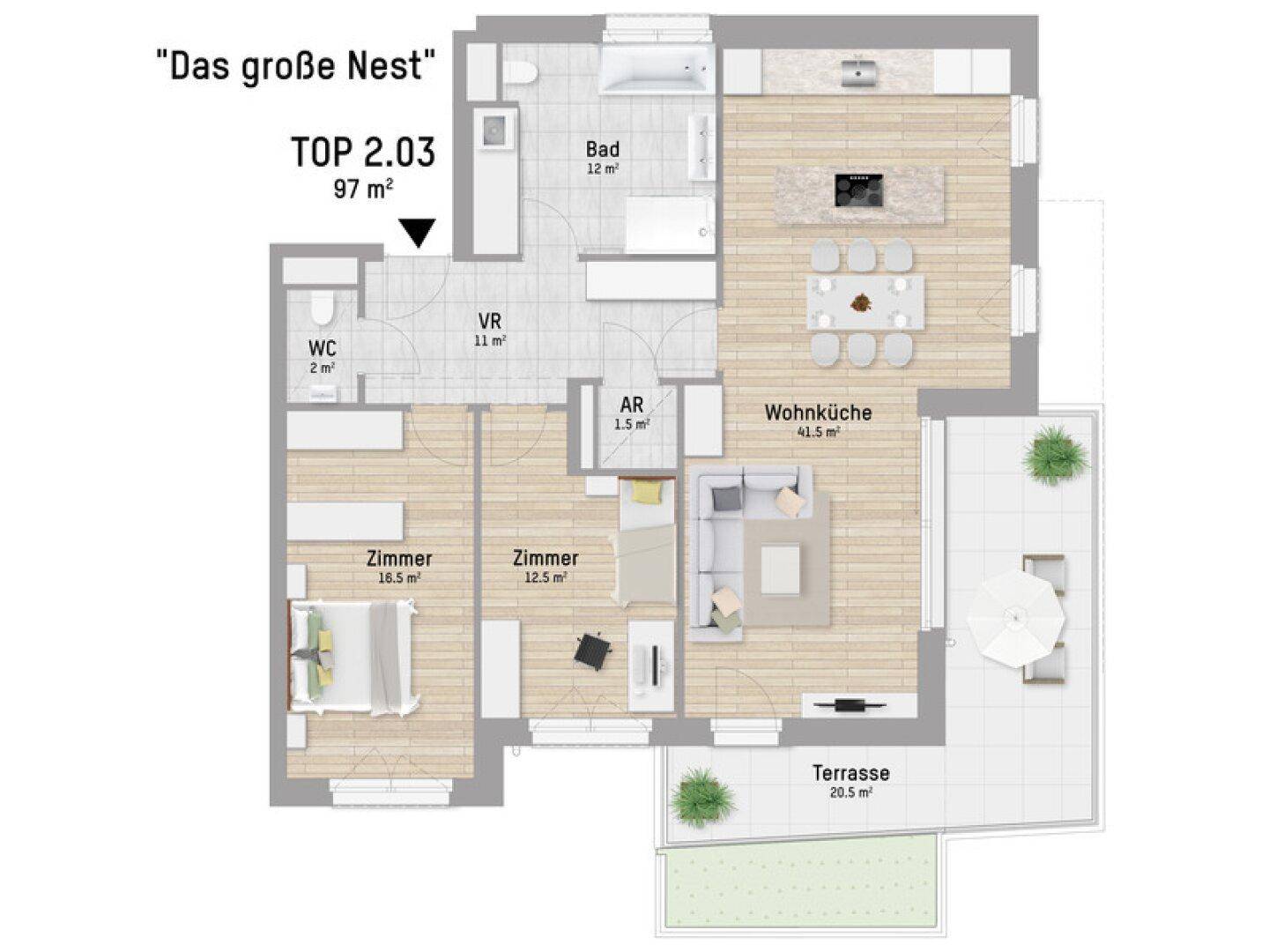 Moderner Grundriss mit offener Wohnküche, zwei Schlafzimmern, Bad, separatem WC und großer Terrasse.