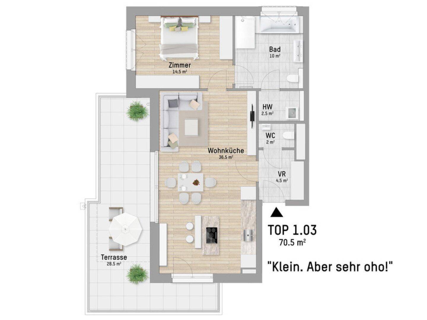 Grundriss einer modernen Wohnung mit offenem Wohnbereich, Schlafzimmer, Bad und großer Terrasse.