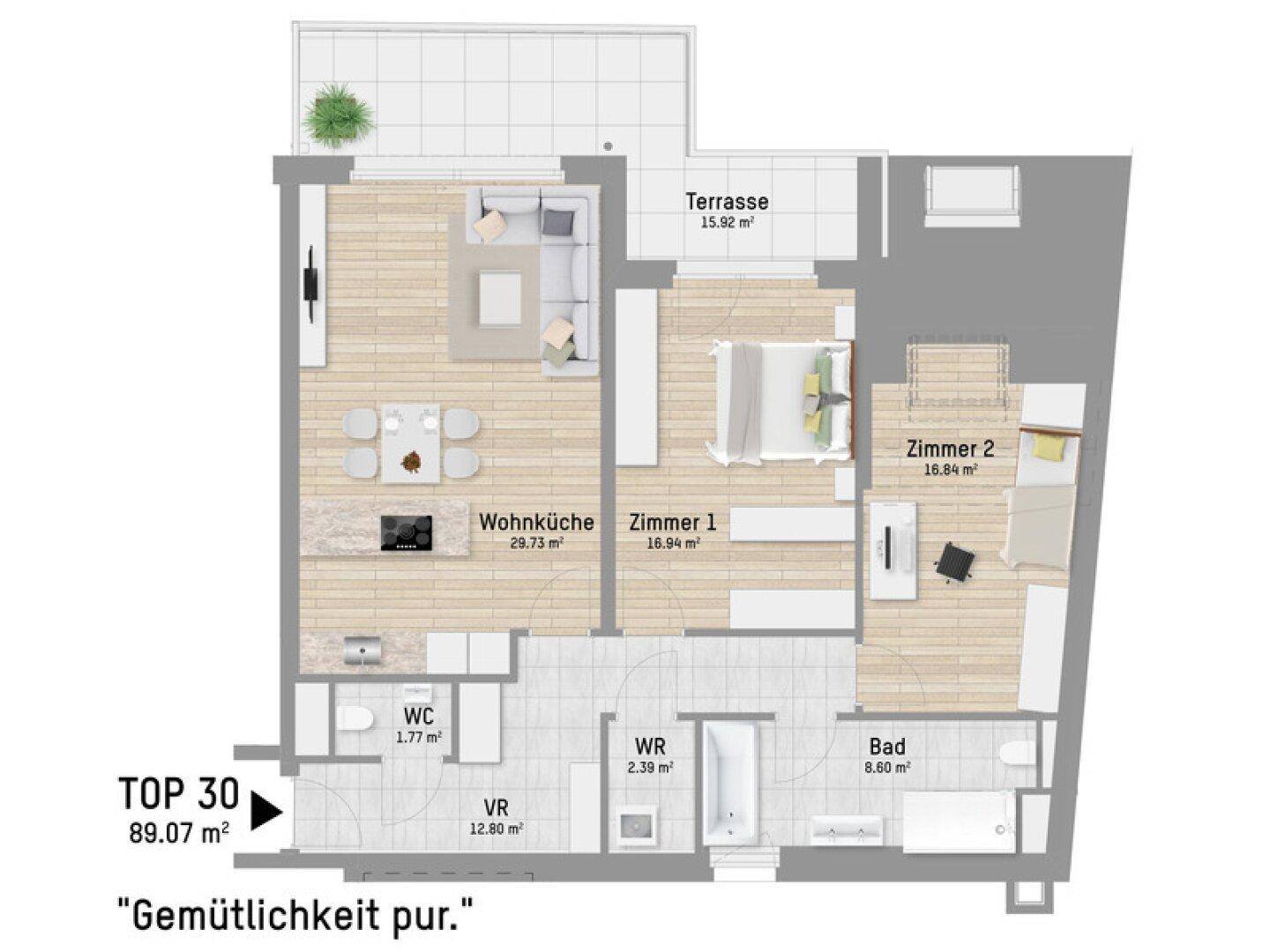 Detaillierter Grundriss einer Wohnung mit zwei Schlafzimmern, Wohnküche und Terrasse.