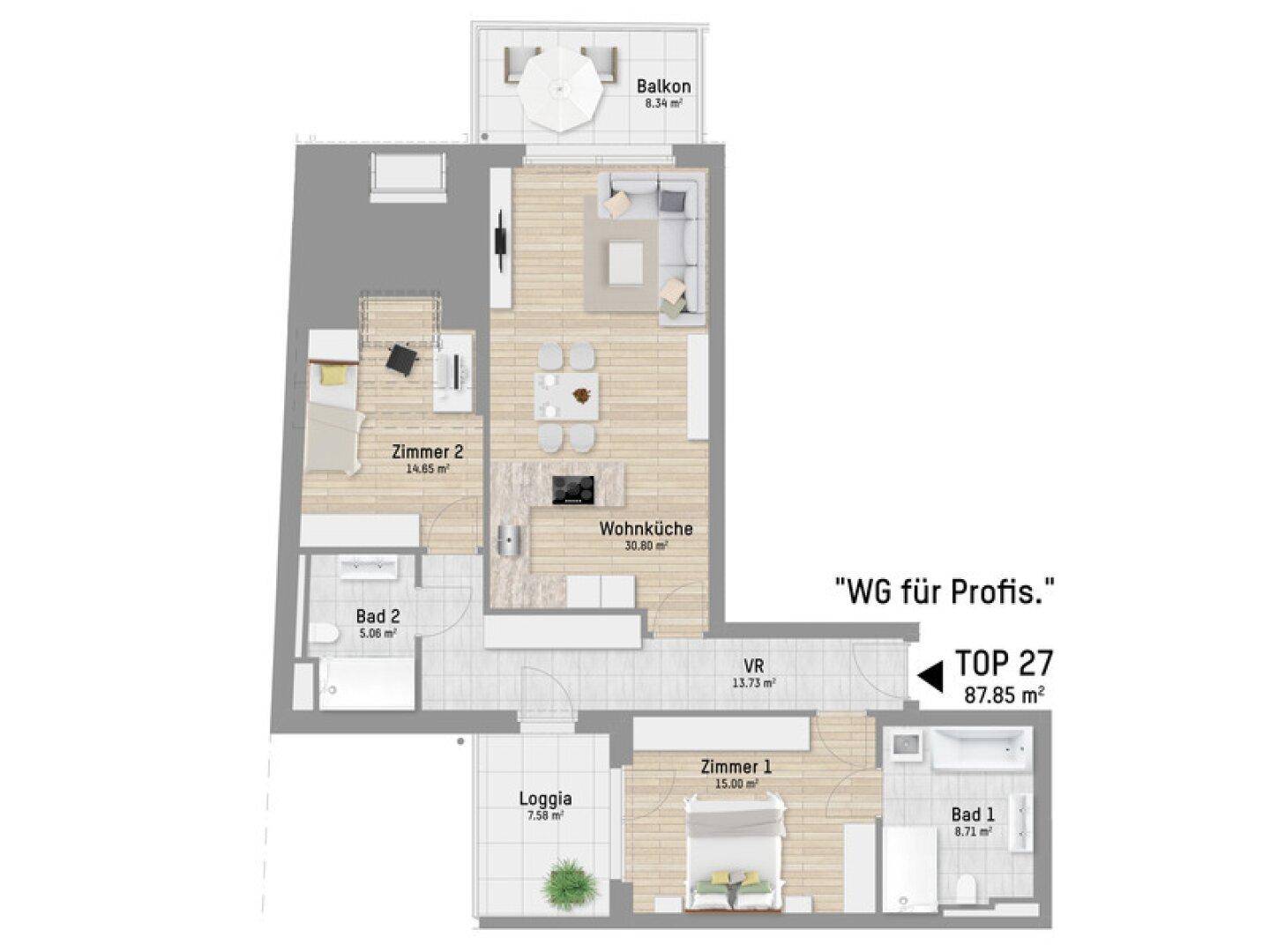 Detaillierter Grundriss der Wohnung TOP 27 mit 87,85 m² Wohnfläche und Balkon.