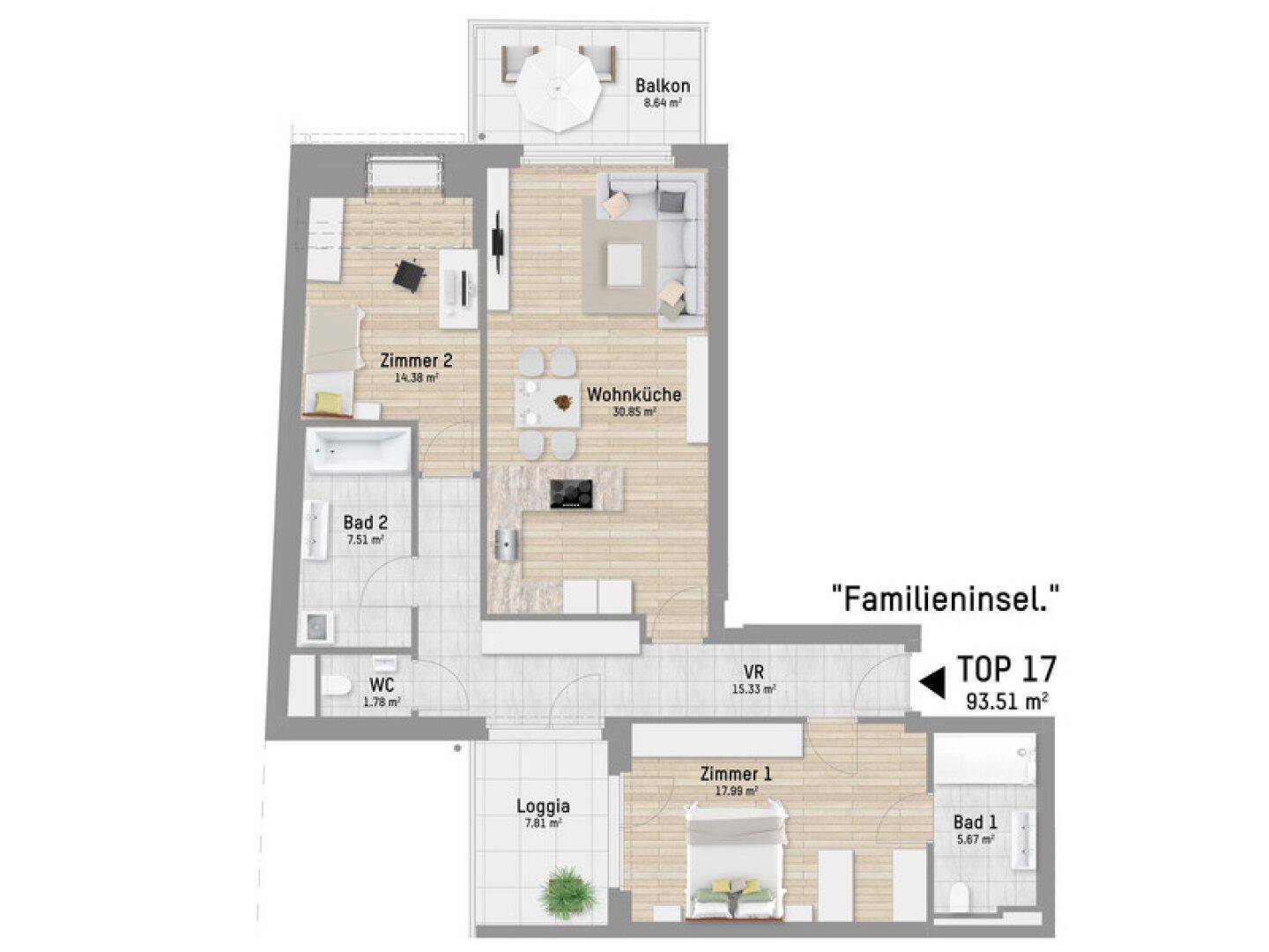 Detaillierter Grundriss der Wohnung TOP 17 mit Balkon und Loggia.