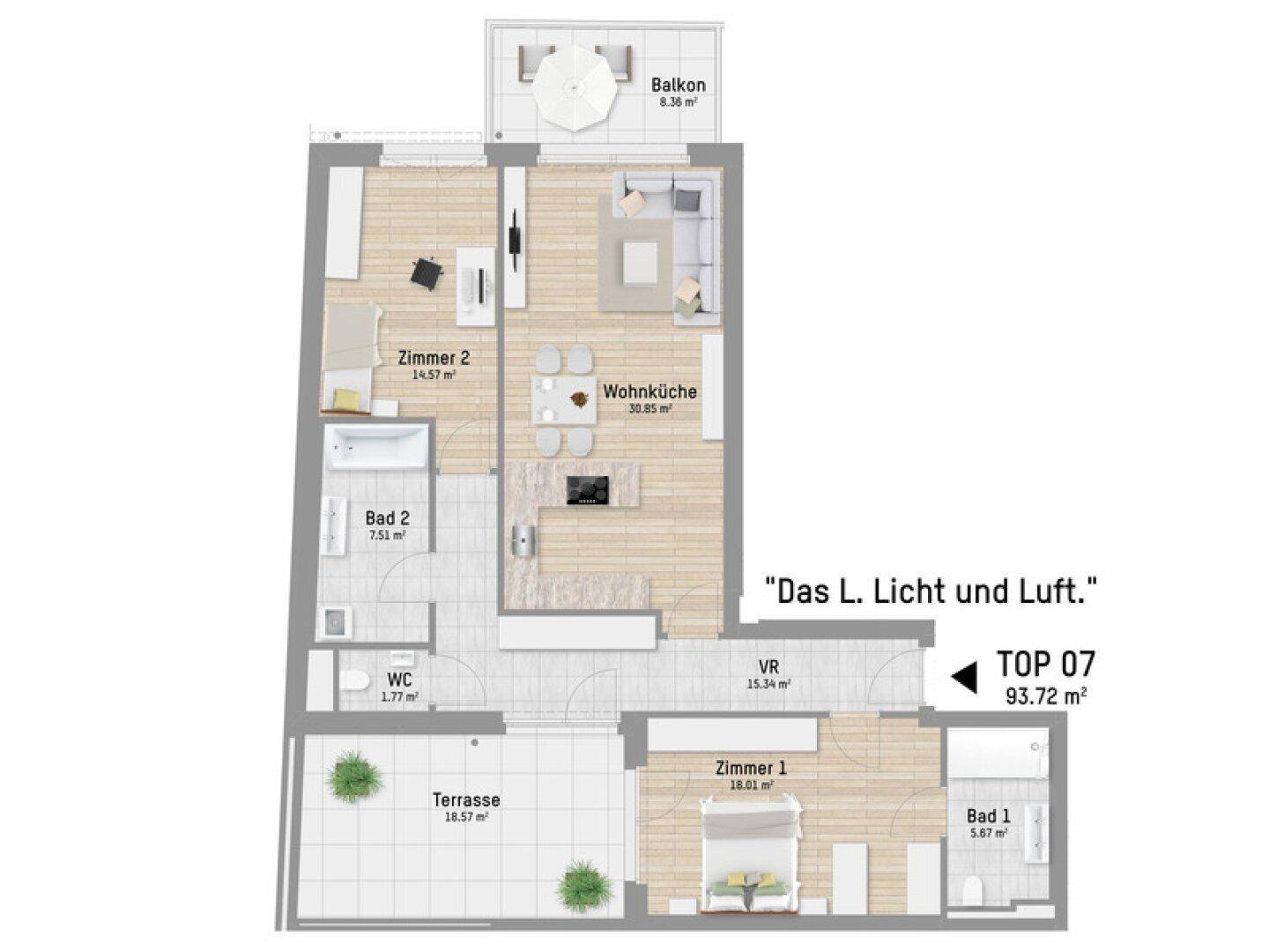 Detaillierter Grundriss einer Wohnung mit 93,72 m², Balkon und Terrasse.