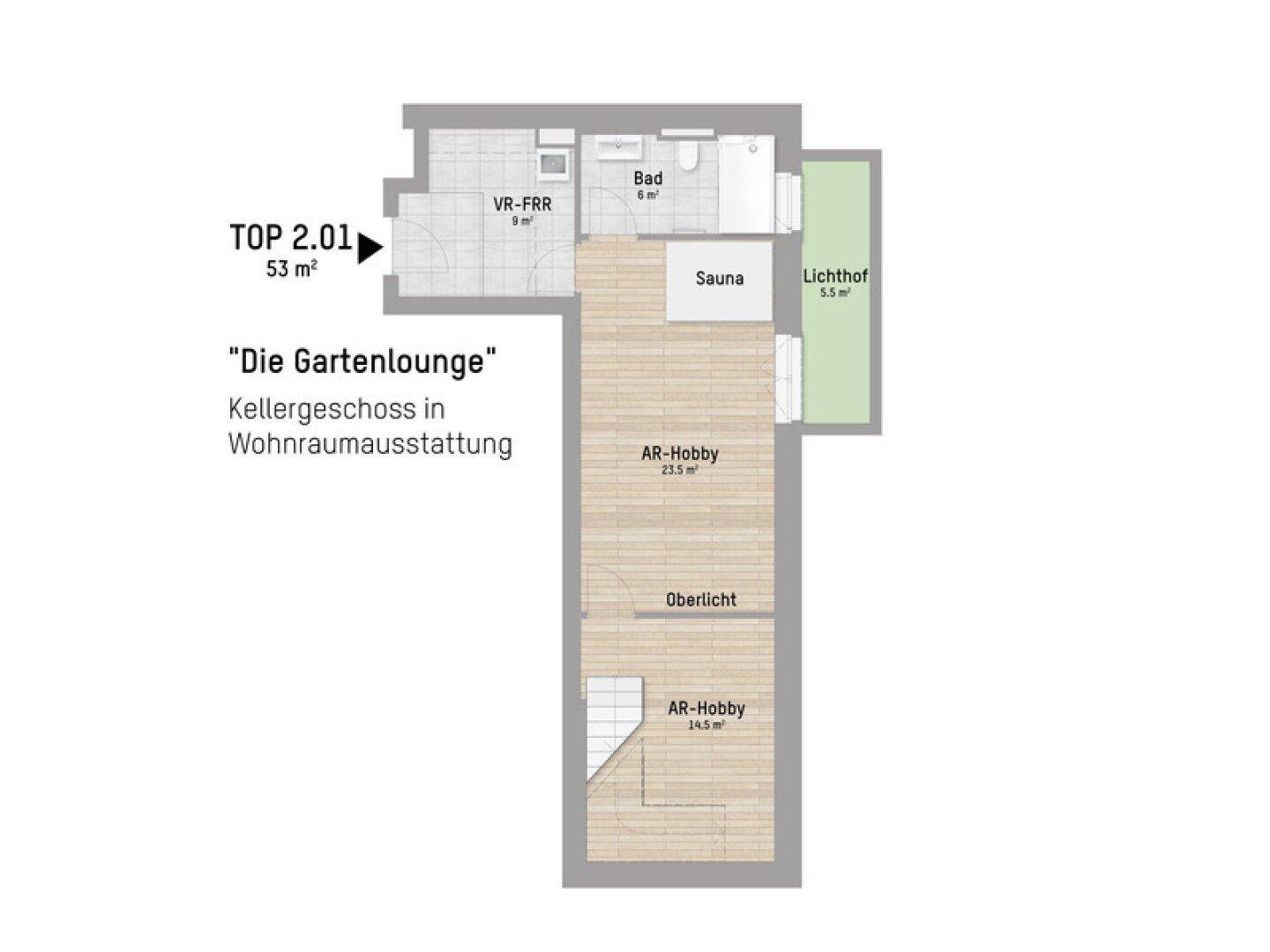 Grundriss des Kellergeschosses mit Sauna, Bad und Hobbyräumen in Wohnraumausstattung sowie Lichthof.