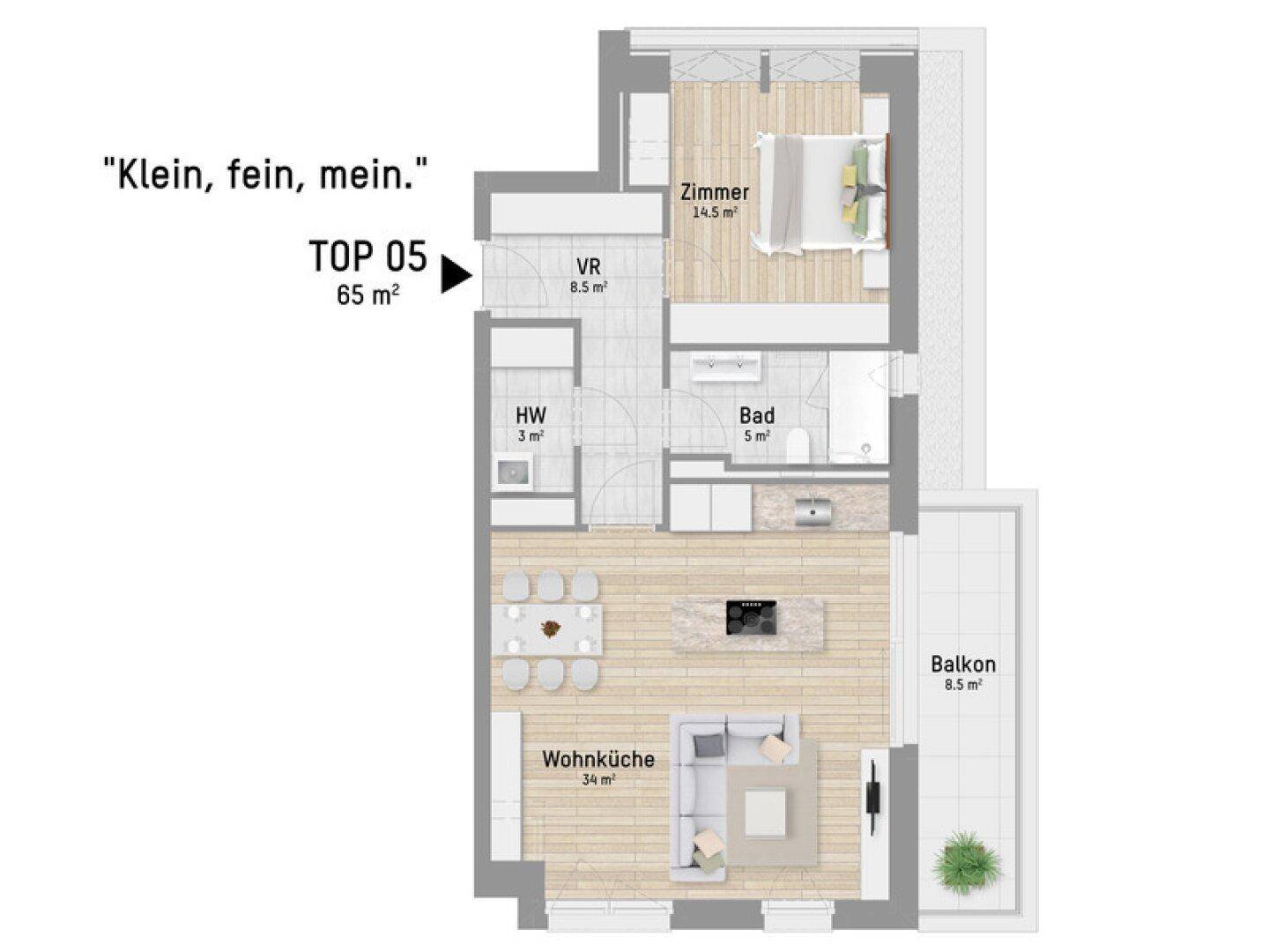 Grundriss der Wohnung TOP 05 mit 65 m² Wohnfläche, einem Schlafzimmer und Balkon.
