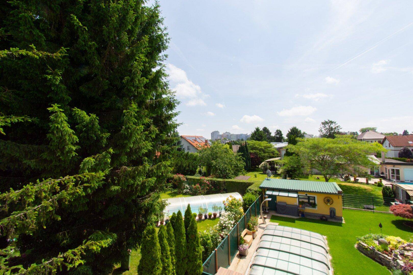 Blick von oben auf einen gepflegten Gartenbereich mit Pool und üppiger Vegetation.