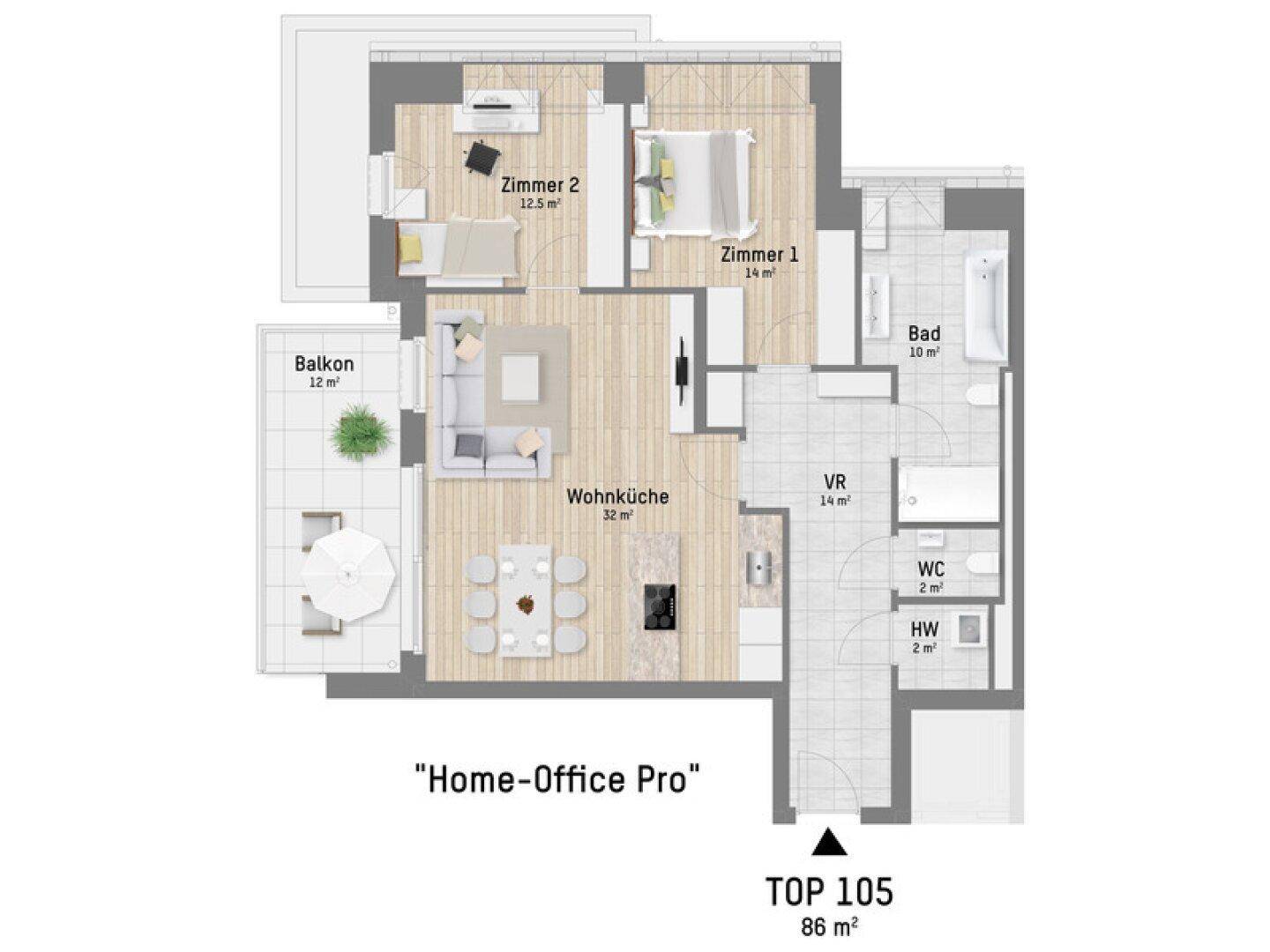 Detaillierter Grundriss einer Wohnung mit zwei Schlafzimmern, offener Wohnküche und Balkon.