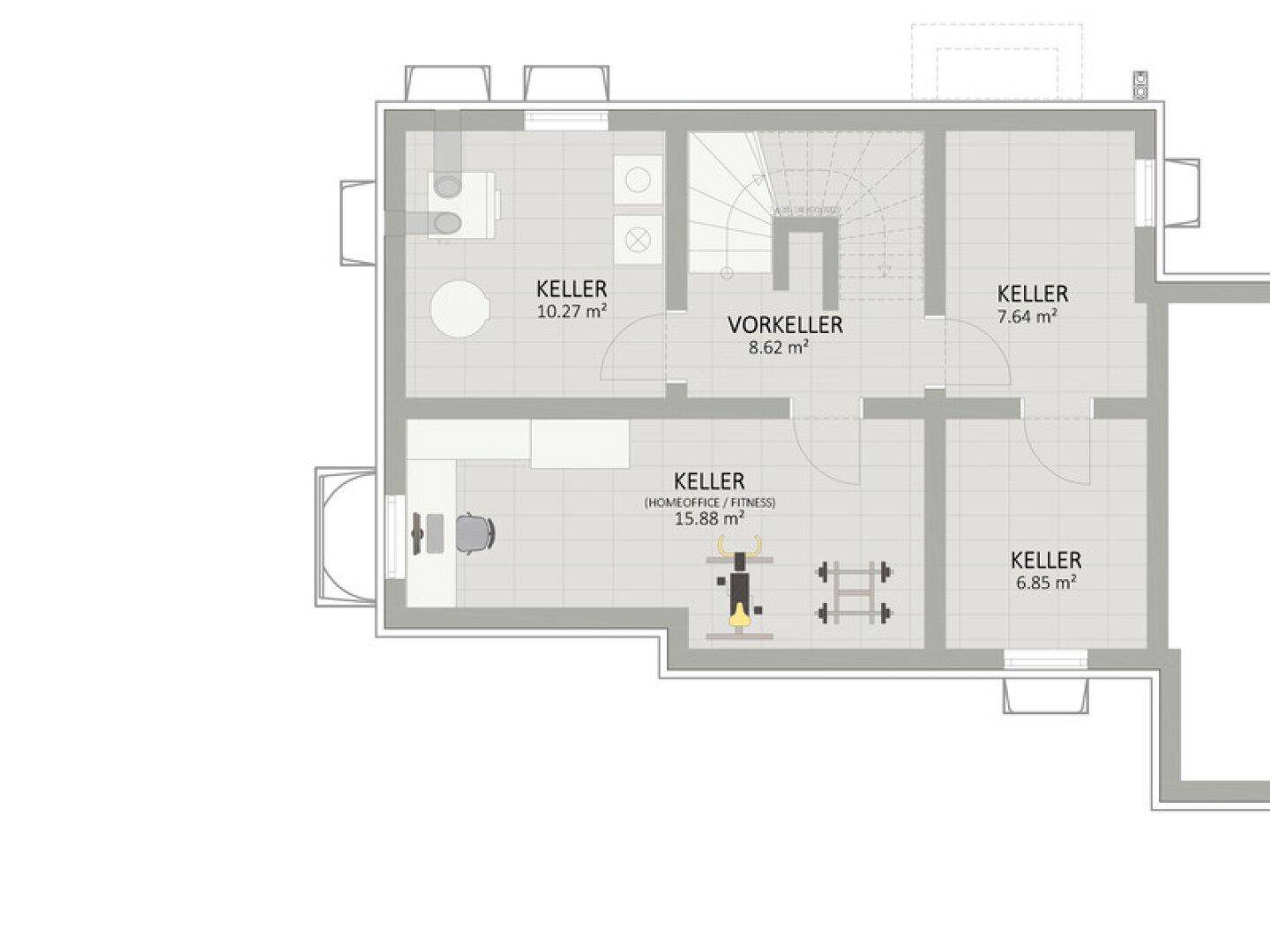 Grundriss des Kellers mit mehreren Räumen, inklusive Homeoffice- und Fitnessbereich.