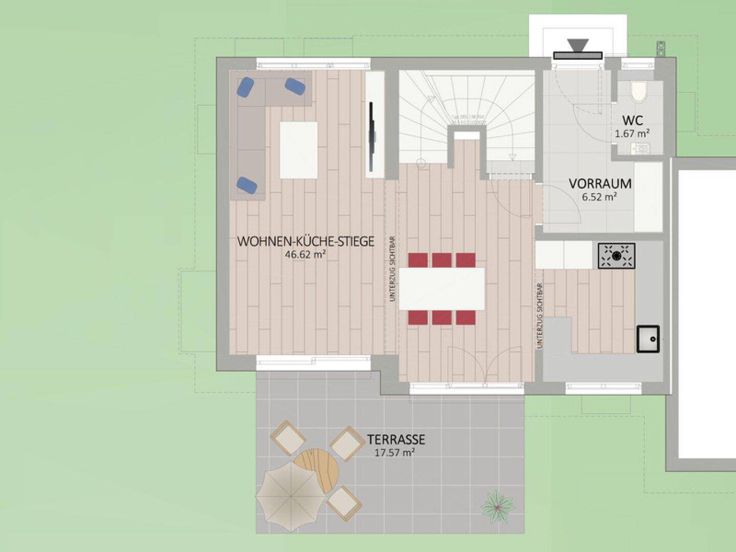 Grundriss des Erdgeschosses mit offenem Wohnbereich, Küche, Treppe und Terrasse.
