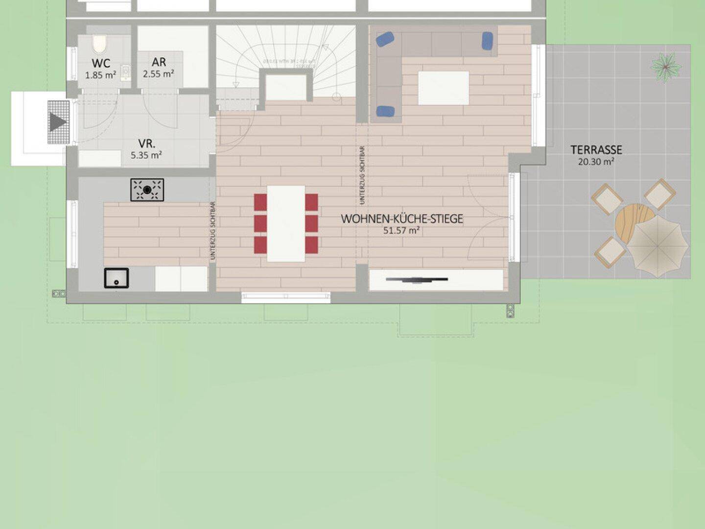 Grundriss des Erdgeschosses mit offenem Wohn-Essbereich, Küche und einer Terrasse.