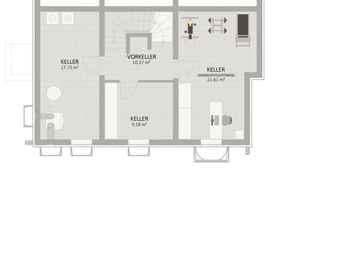 Grundriss des Kellers mit mehreren Räumen, ideal für Fitness oder Homeoffice.