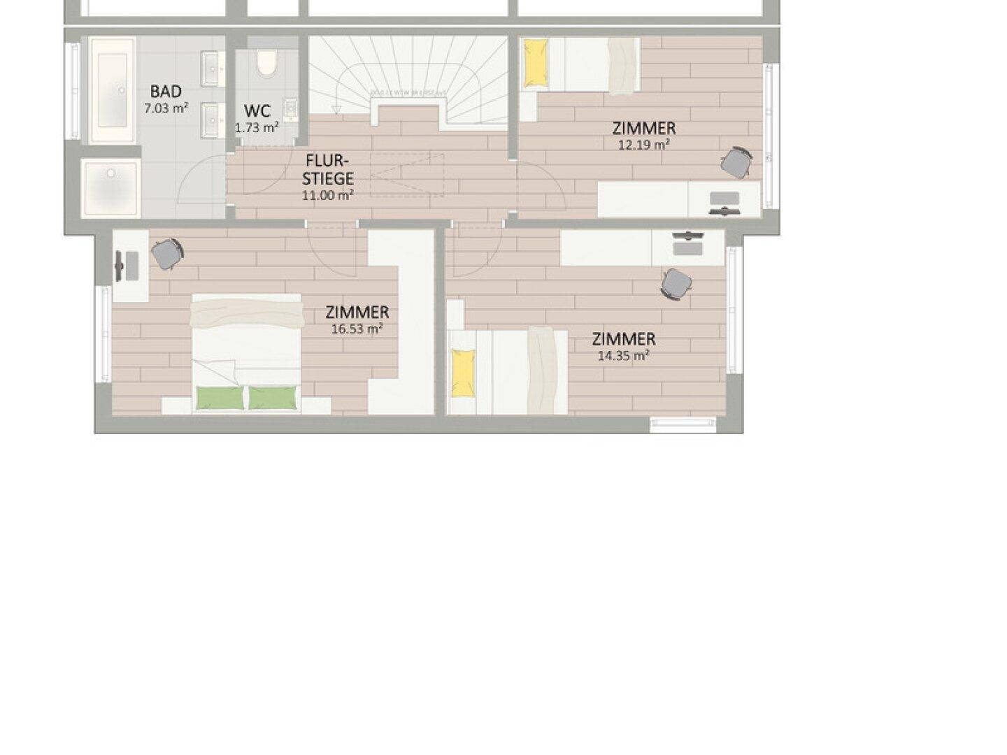 Grundriss des Obergeschosses mit drei Schlafzimmern, einem Bad und separatem WC.