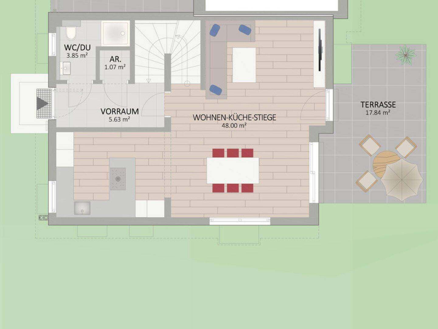 Grundriss des Erdgeschosses mit offener Wohnküche, WC/Dusche und Zugang zur Terrasse.