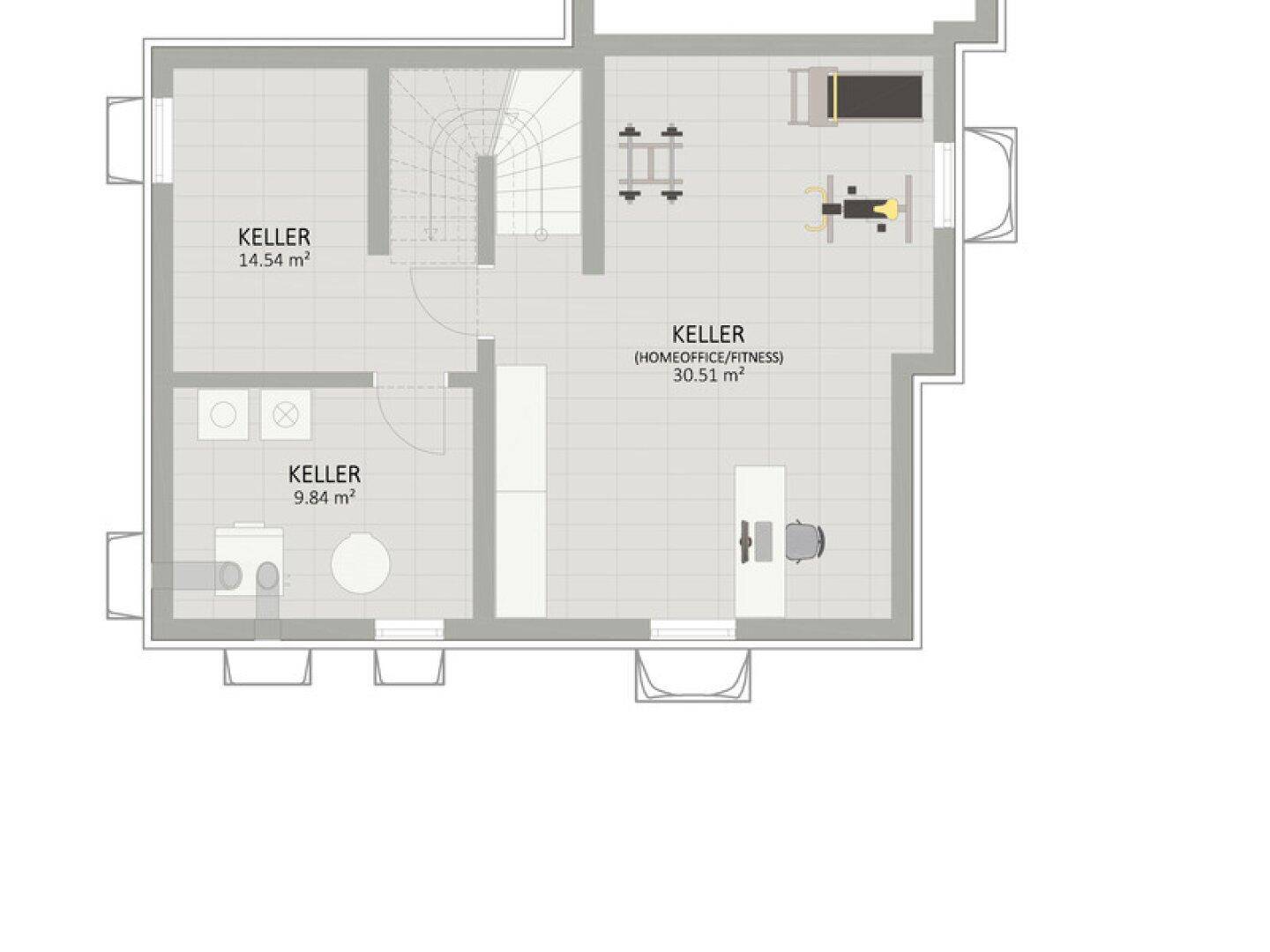 Grundriss des Kellergeschosses mit mehreren Kellerräumen, Homeoffice und Fitnessbereich.