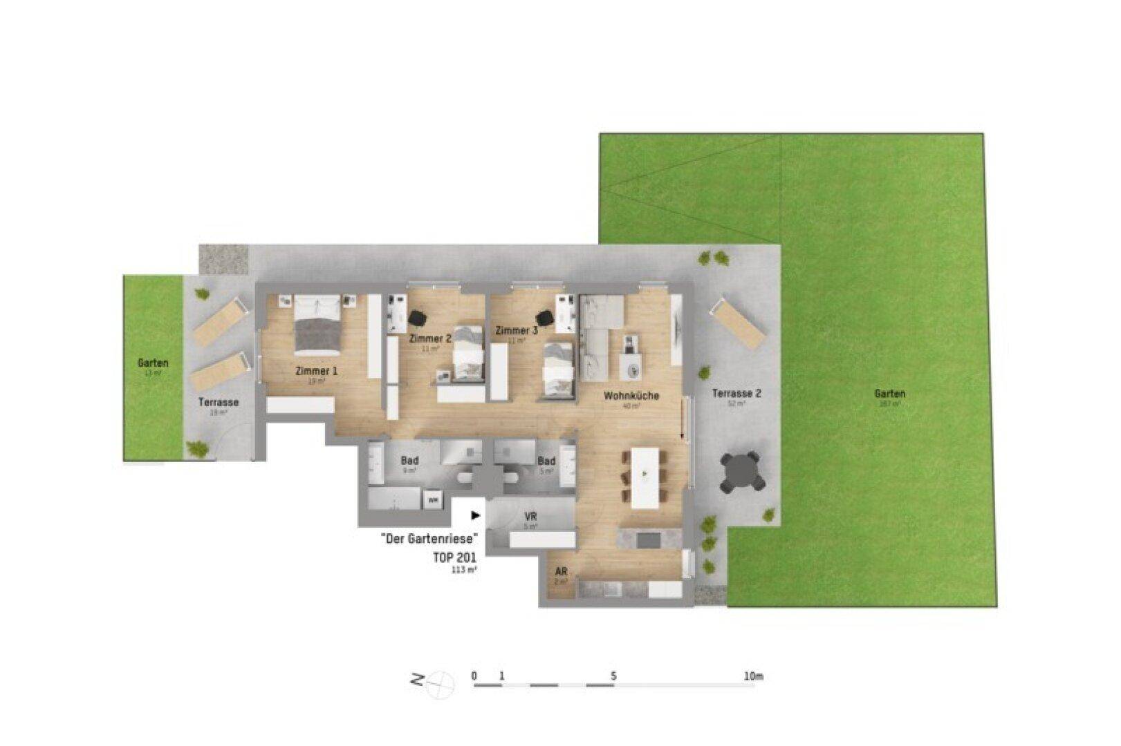Grundriss einer Wohnung mit drei Zimmern, Wohnküche, Bädern, Terrassen und Gartenbereichen.