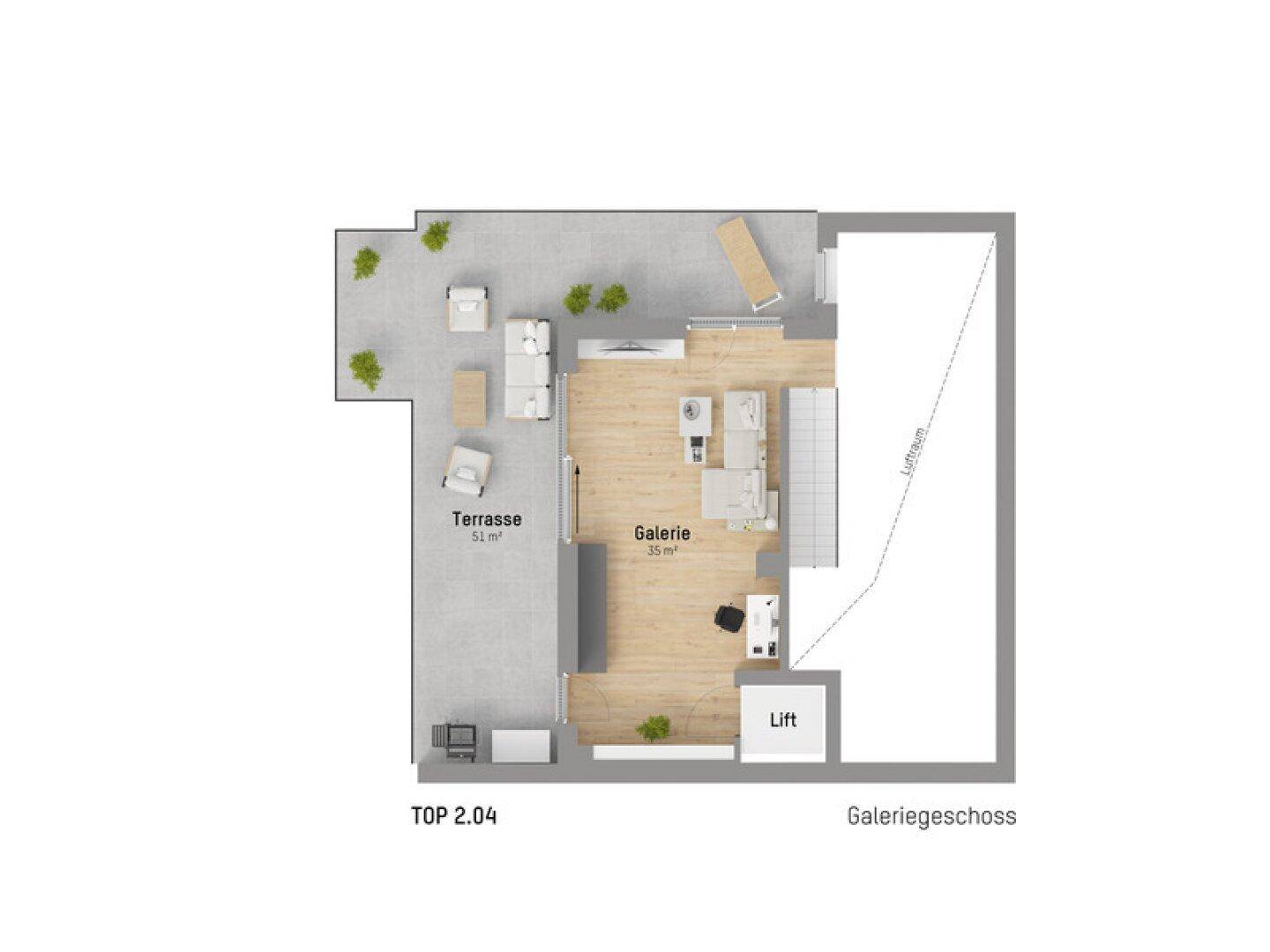 Grundriss des Galeriegeschosses mit großer Terrasse und offenem Wohnbereich.