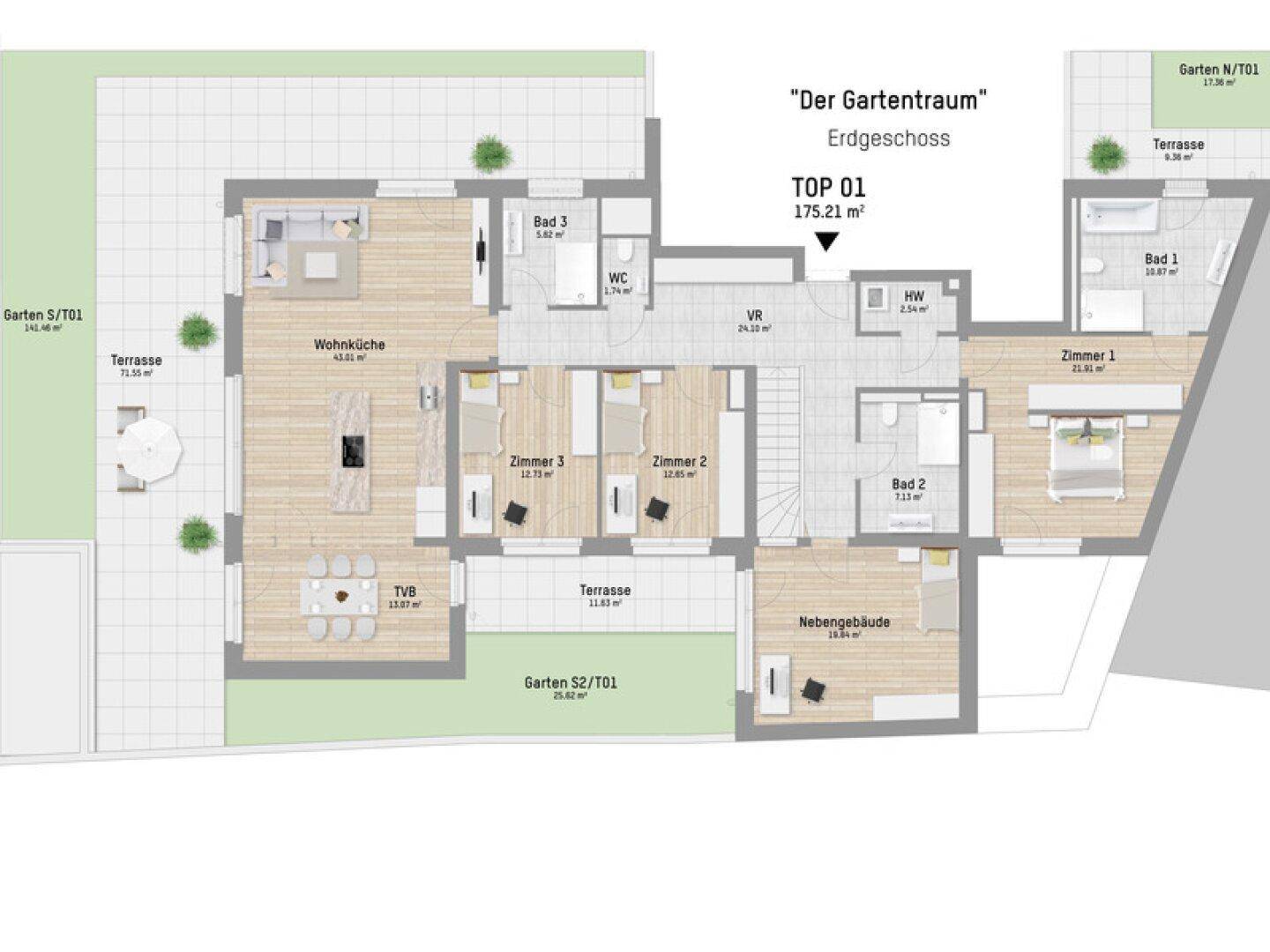 Detaillierter Grundriss des Erdgeschosses mit Wohnküche, drei Zimmern und Terrassen.