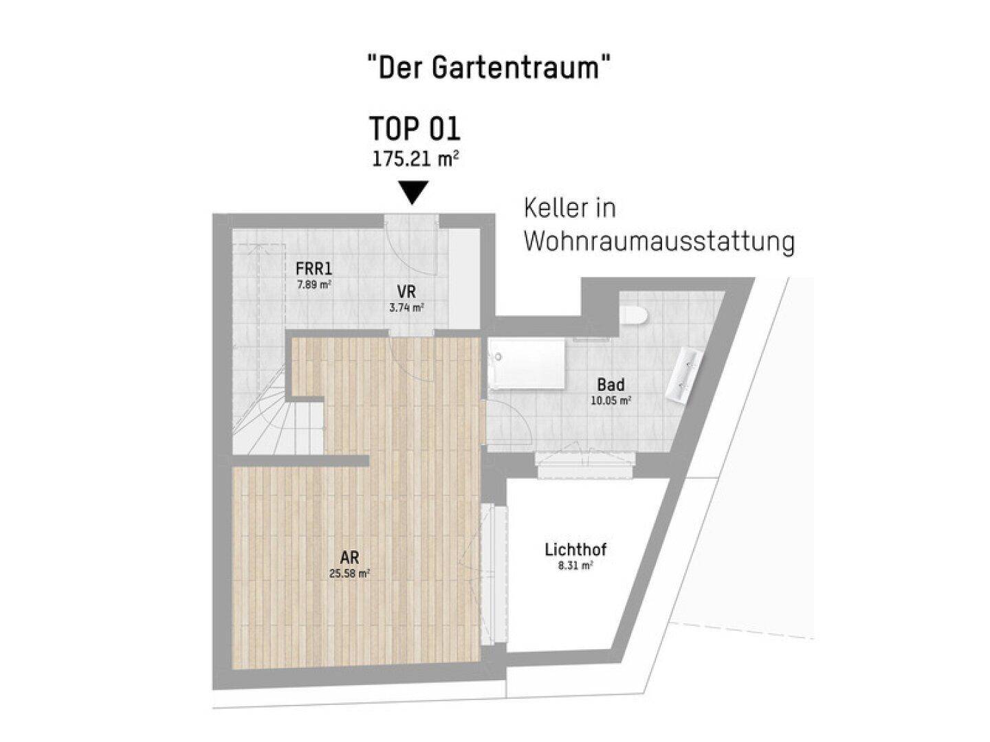 Grundriss des Kellers mit Wohnraumausstattung, Bad und Lichthof.