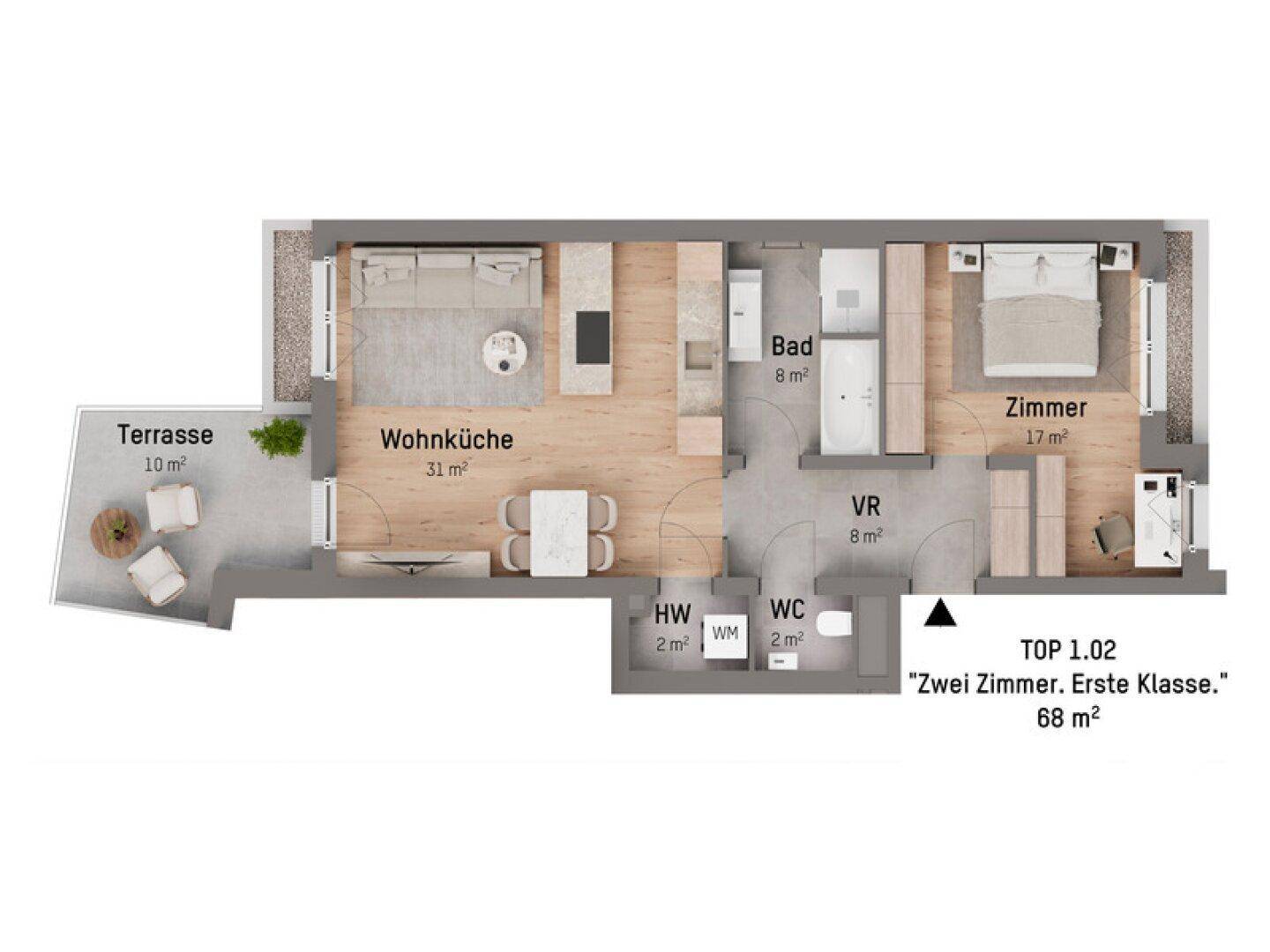 Grundriss einer Wohnung mit offener Wohnküche, Schlafzimmer, Bad und Terrasse.