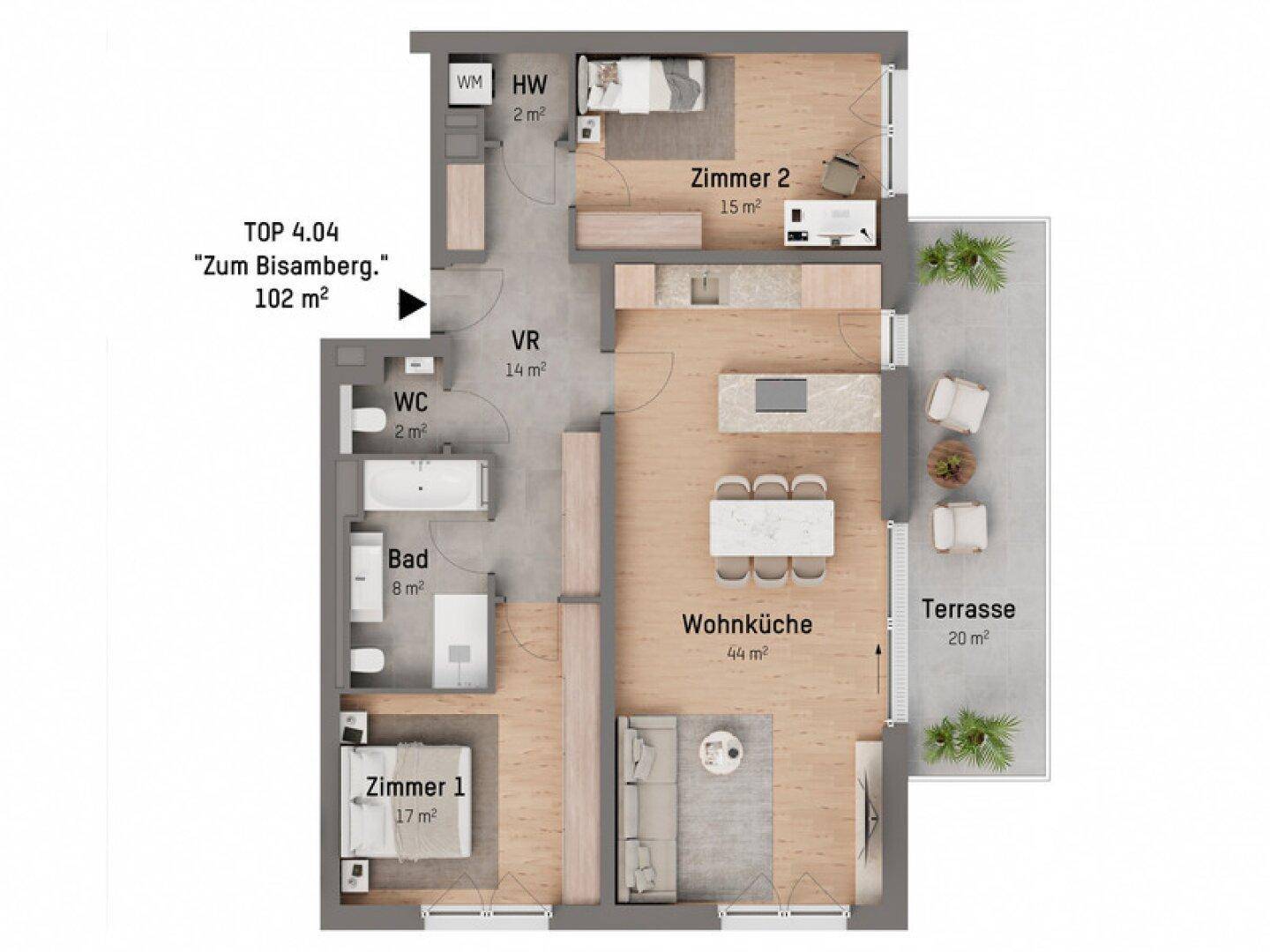 Grundriss einer Wohnung mit offener Wohnküche, zwei Schlafzimmern und großer Terrasse.