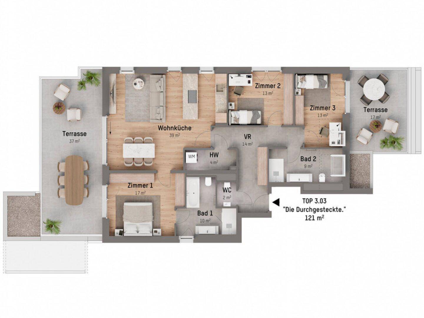 Detaillierter Grundriss einer Wohnung mit drei Schlafzimmern, zwei Bädern und zwei Terrassen.