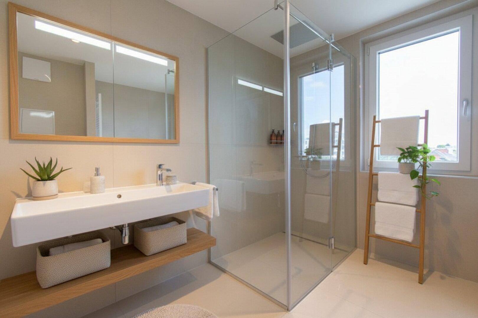 Helles, modernes Badezimmer mit großer Glasdusche, Einzelwaschbecken und Fenster für Tageslicht.