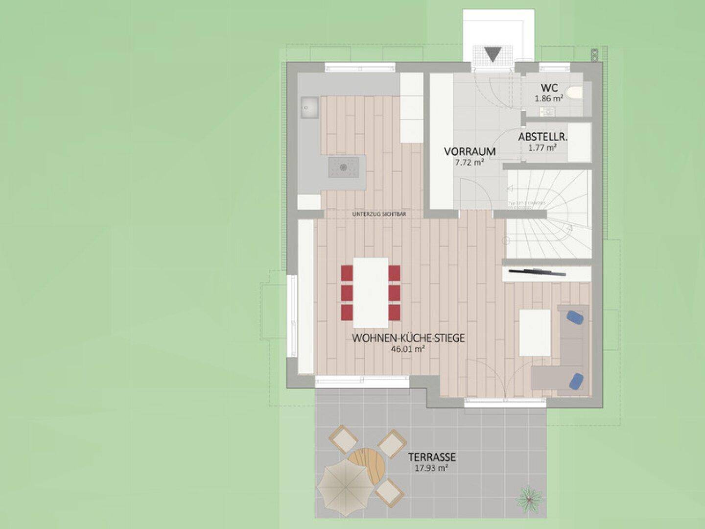 Grundriss des Erdgeschosses mit offenem Wohn-Essbereich, Küche und Terrasse.