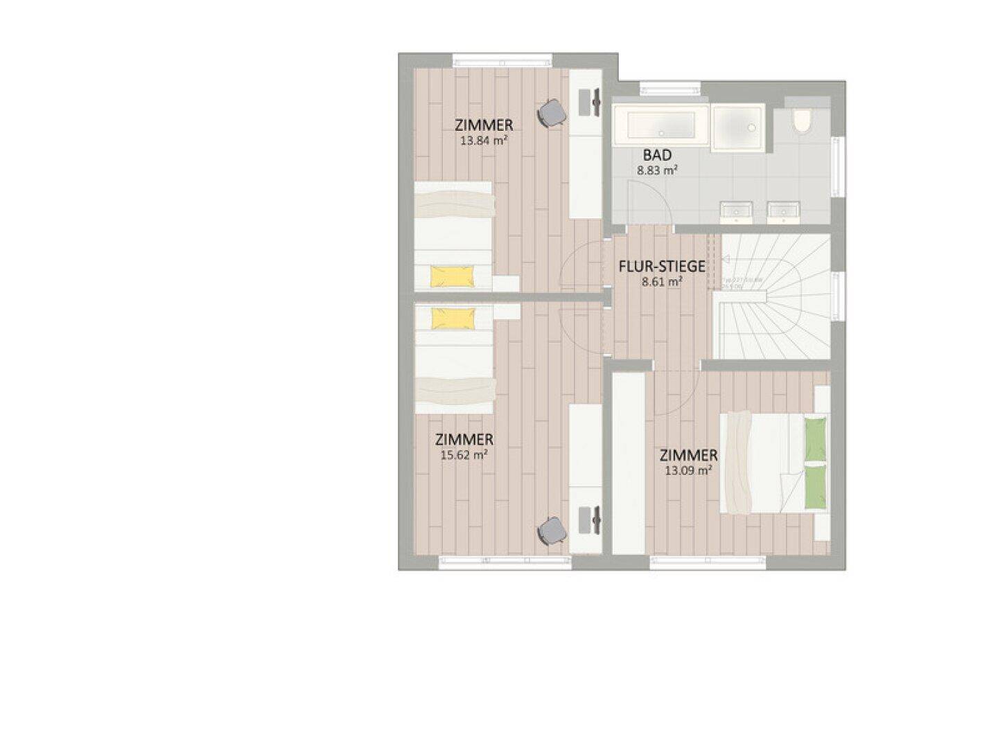 Grundriss des Obergeschosses mit drei Zimmern und einem Badezimmer.