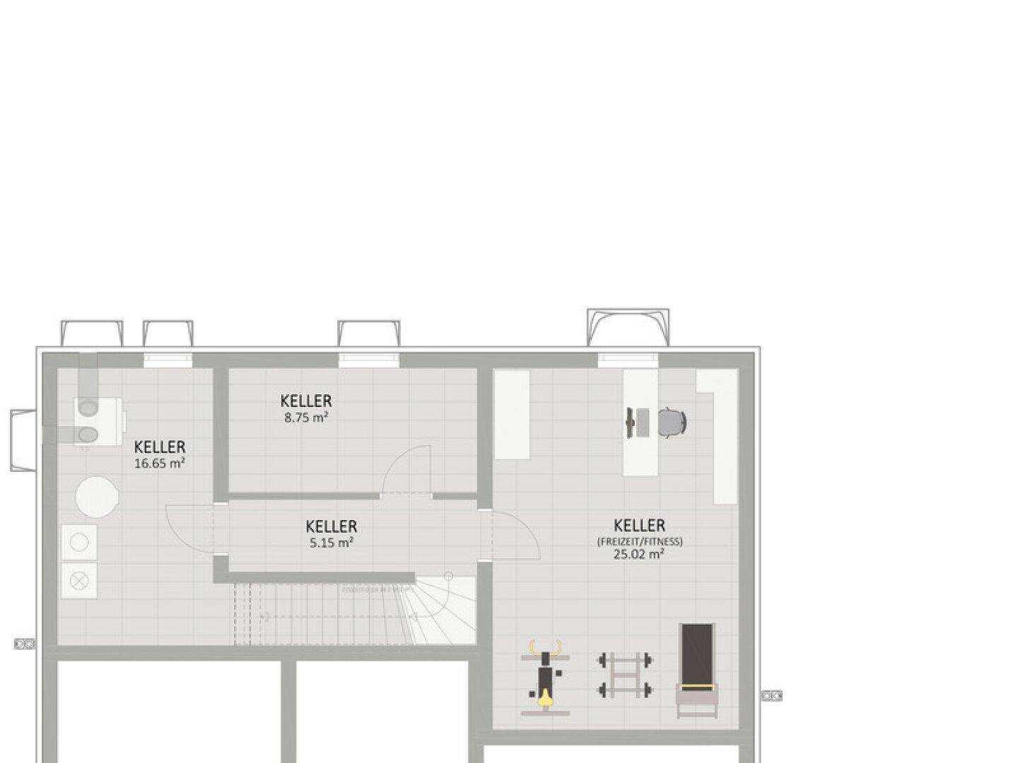 Grundriss des Kellers mit mehreren Abstellräumen und Fitnessbereich.