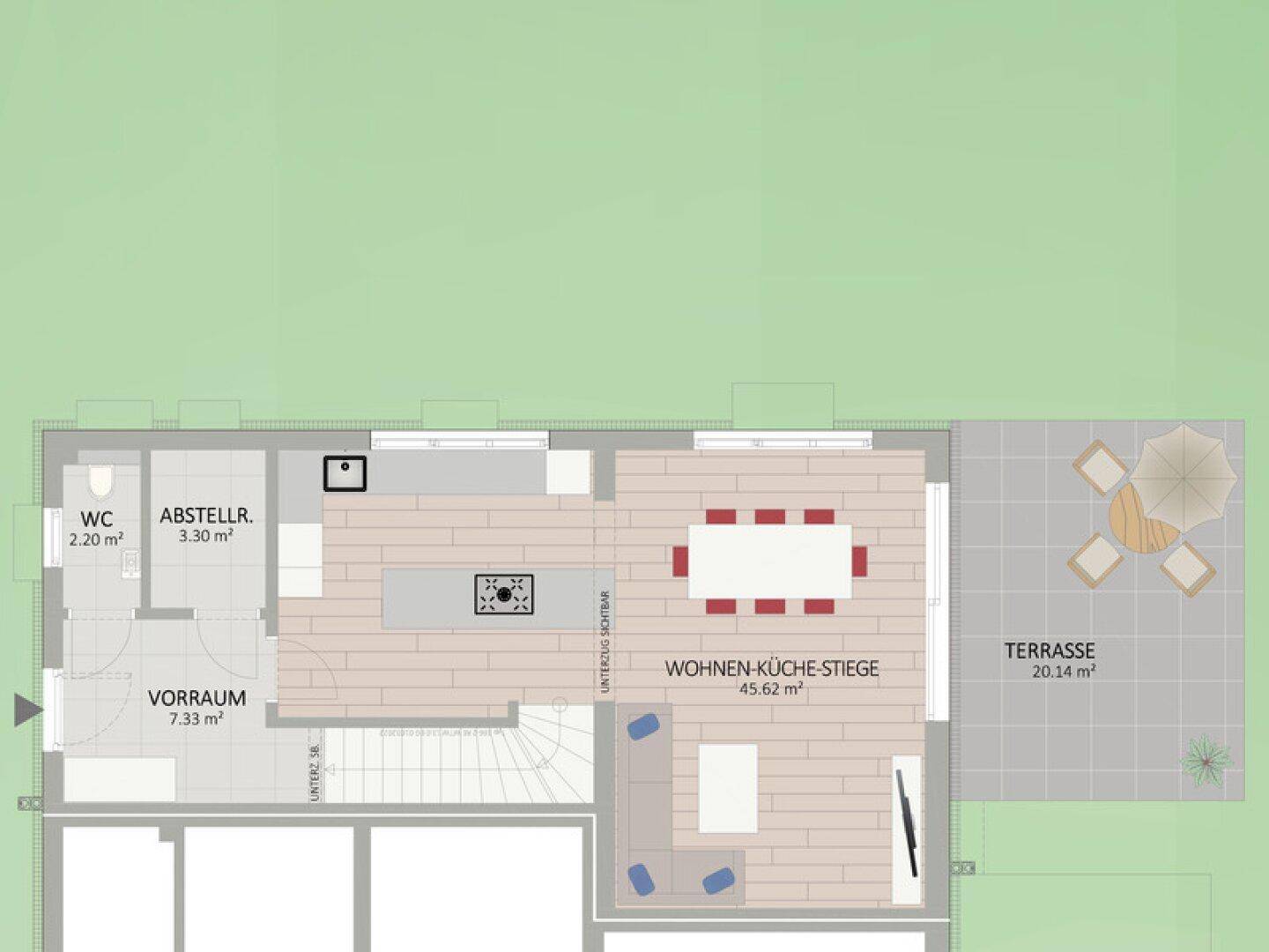Grundriss des Erdgeschosses mit offener Wohnküche und großer Terrasse.