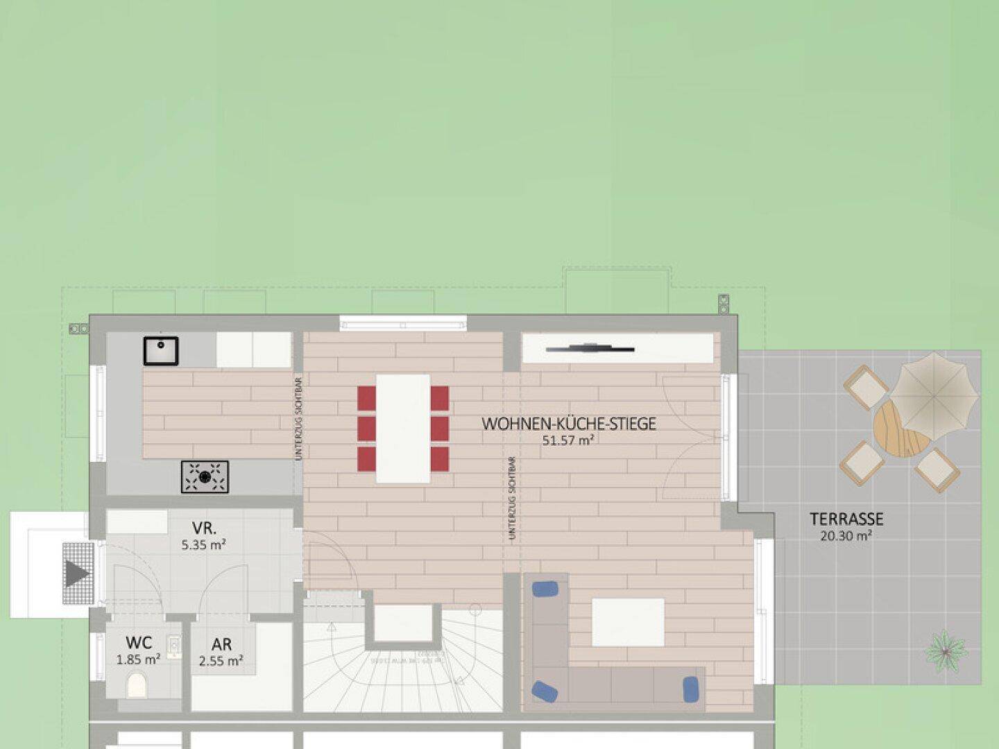 Grundriss des Erdgeschosses mit offener Wohnküche, Essbereich, Gäste-WC und großer Terrasse zum Garten.