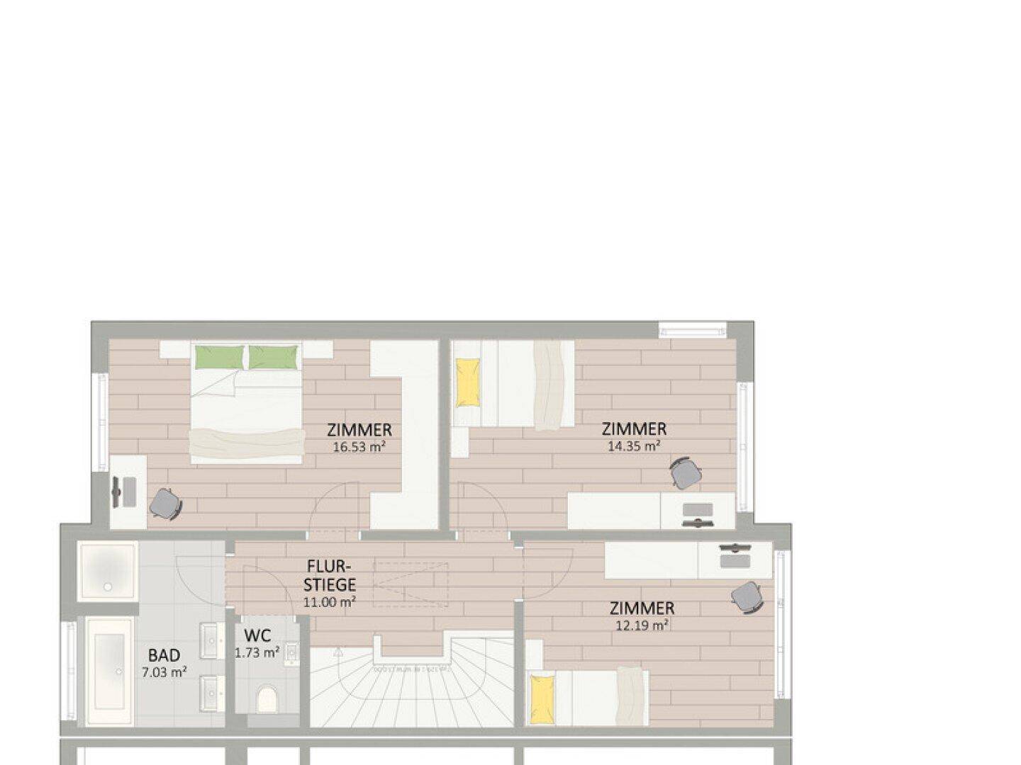 Grundriss des Obergeschosses mit drei Schlafzimmern, einem Badezimmer und separatem Gäste-WC.
