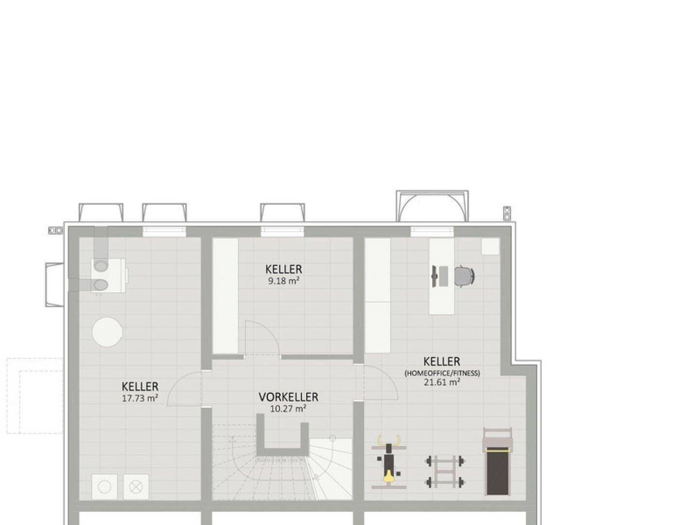 Grundriss des Kellers mit mehreren Abstellräumen, einem Home-Office-Bereich und Fitnessmöglichkeiten.