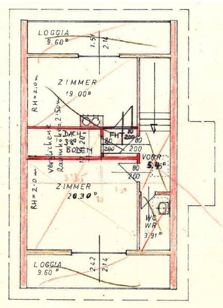 Grundriss des Obergeschosses mit zwei Zimmern und Loggien.