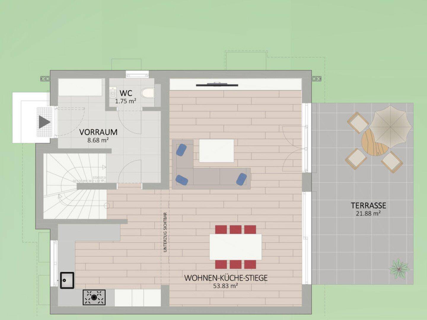 Grundriss des Erdgeschosses mit offenem Wohn-Essbereich, Küche und großer Terrasse.