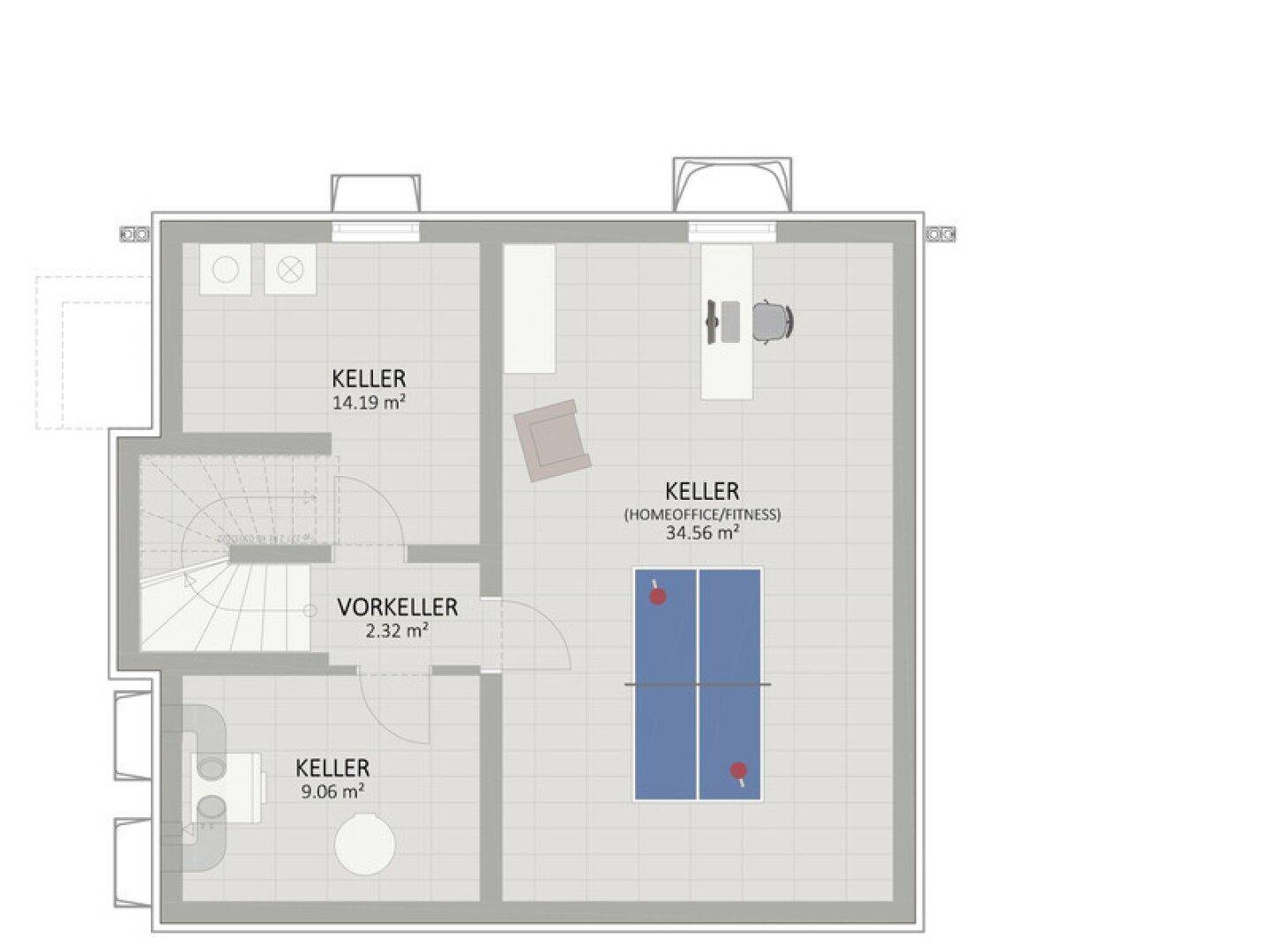 Grundriss des Kellergeschosses mit mehreren Kellerräumen, ideal für Hobby oder Lagerung.