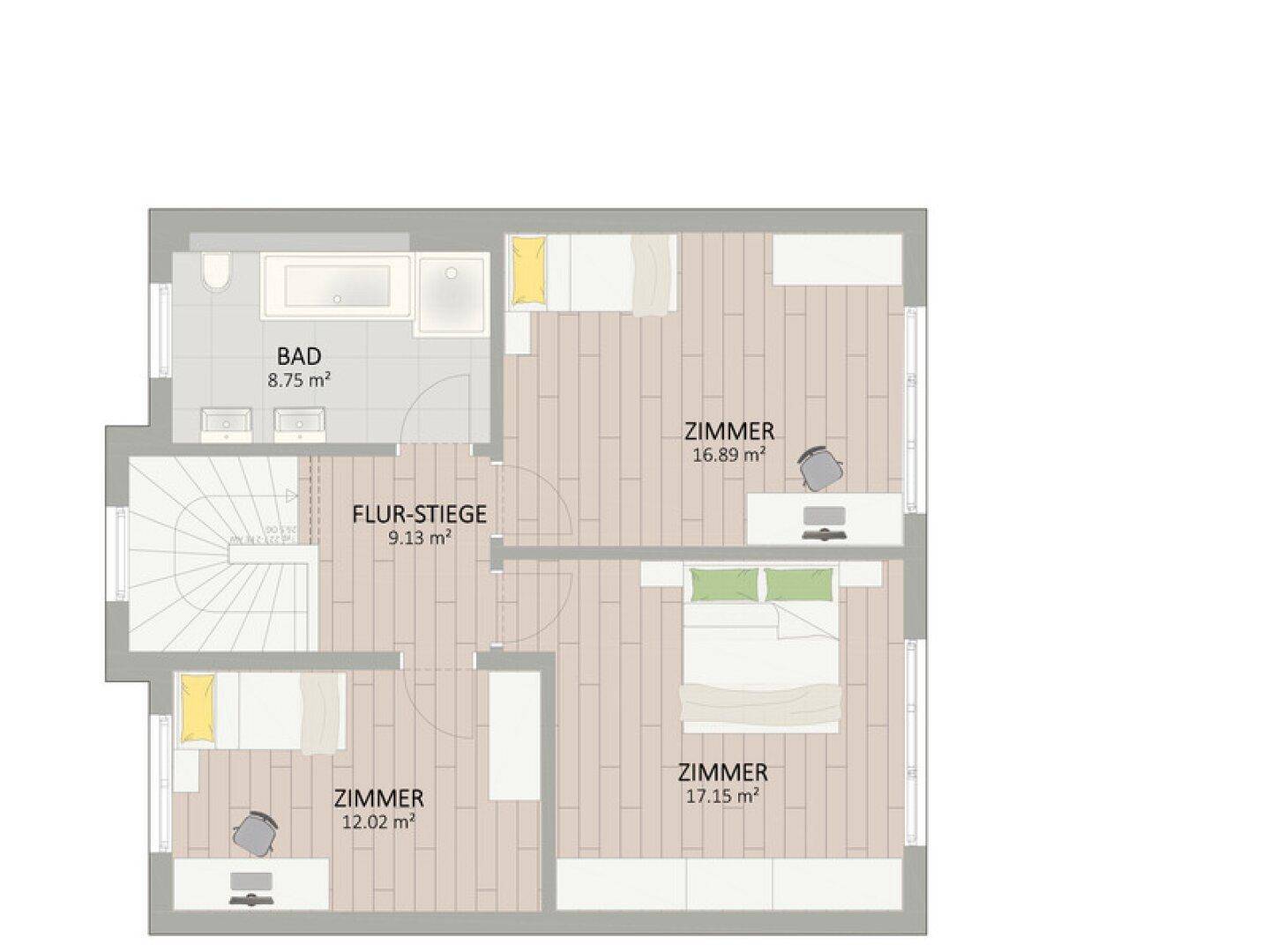Grundriss des Obergeschosses mit drei Schlafzimmern und einem Badezimmer.