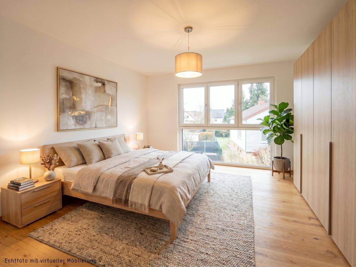 Helles Schlafzimmer mit großem Fenster, Holzboden und modernem Kleiderschrank.