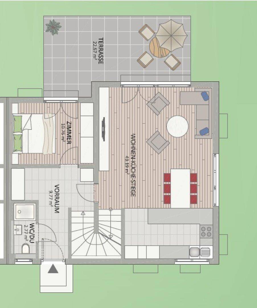 Grundriss des Erdgeschosses mit offener Wohnküche, Schlafzimmer und Terrasse.