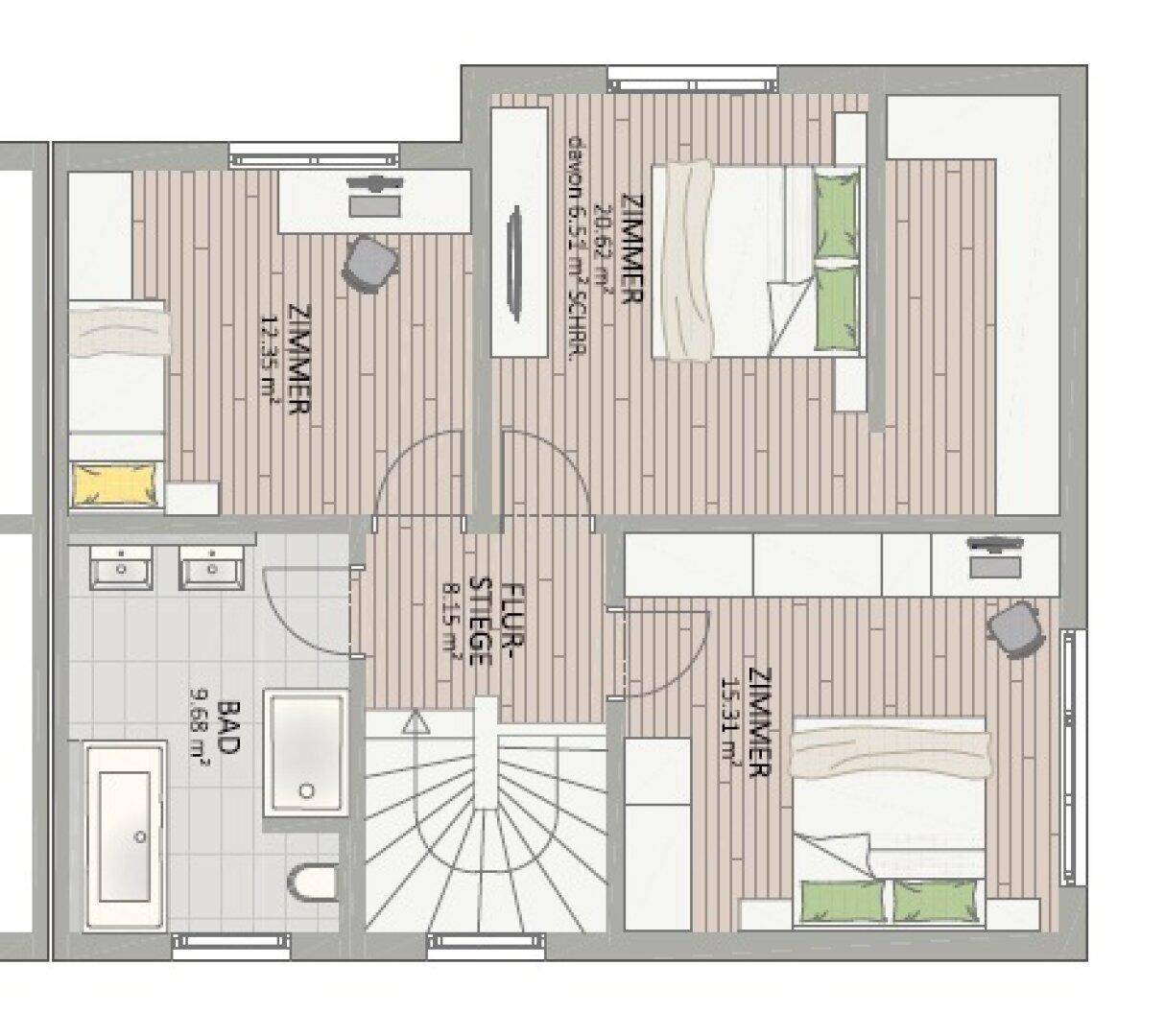 Grundriss des Obergeschosses mit drei Schlafzimmern und einem Badezimmer.