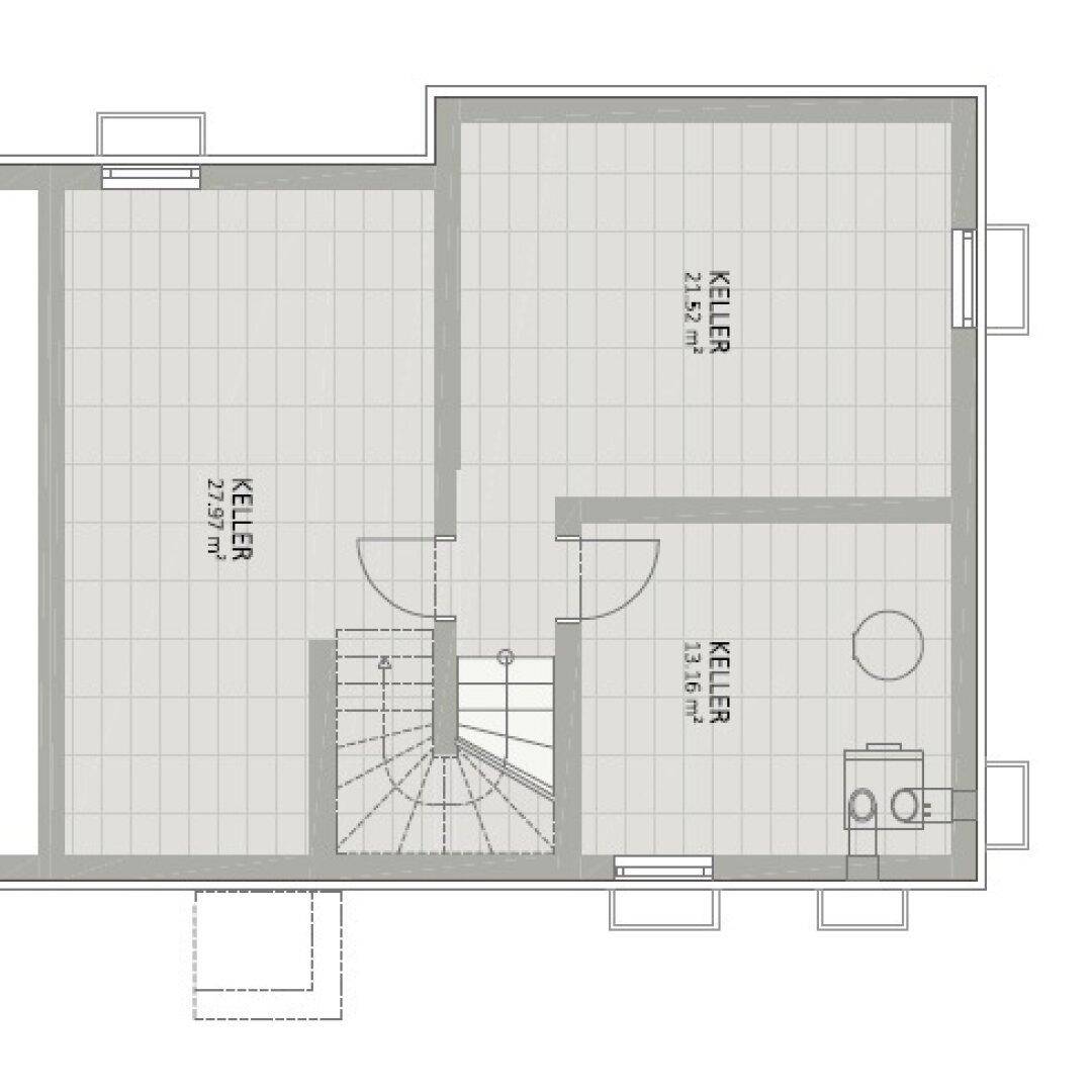 Grundriss des Kellergeschosses mit mehreren Kellerräumen und Treppenabgang.