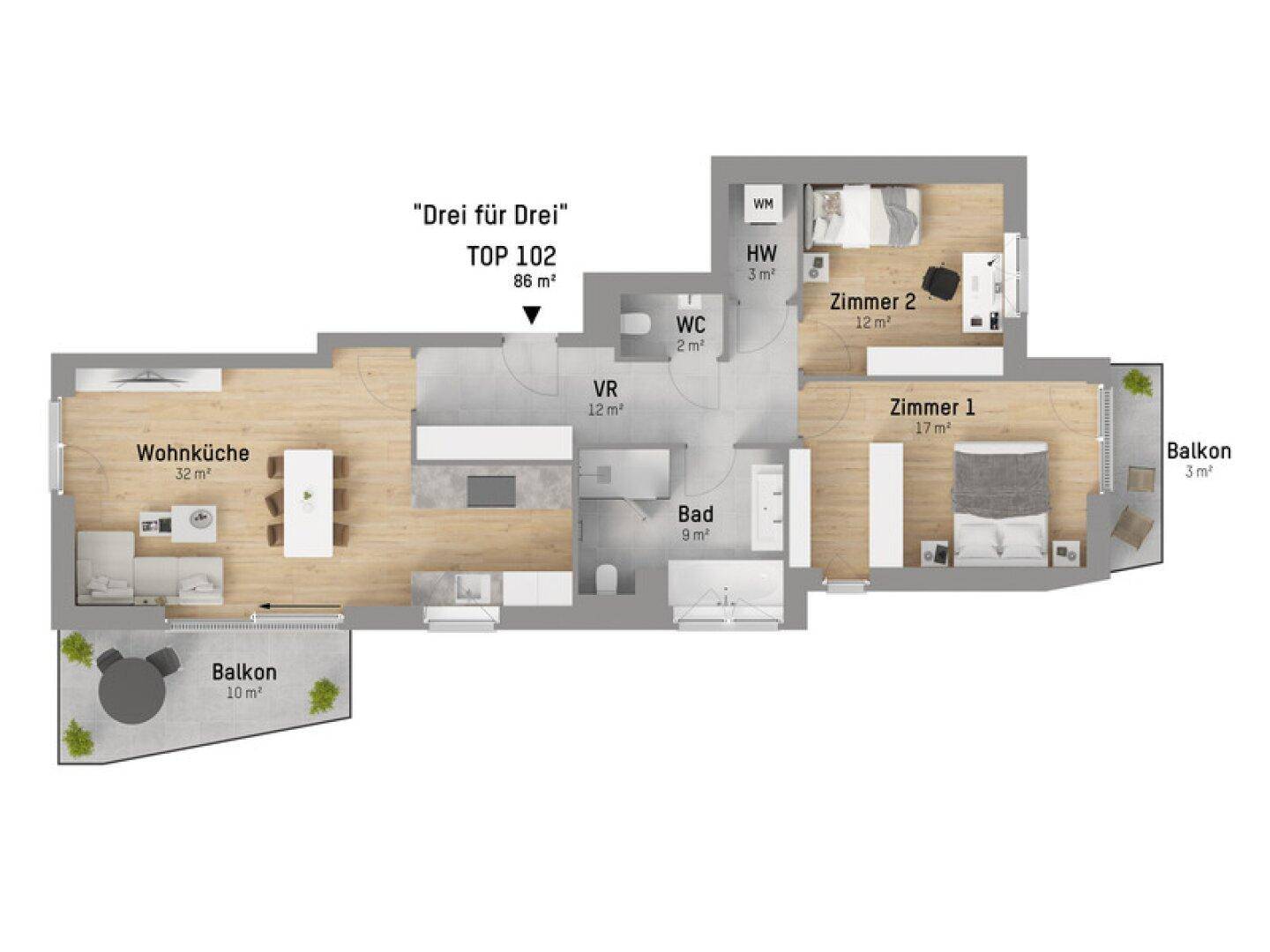 Detaillierter Grundriss der Wohnung "TOP 102" mit Wohnküche, zwei Schlafzimmern und zwei Balkonen.