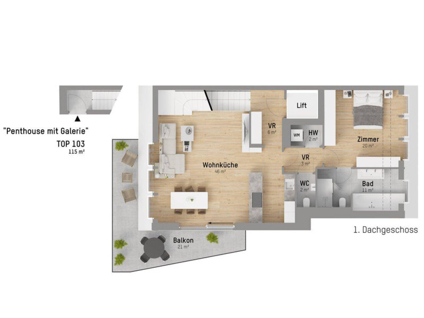 Grundriss des ersten Dachgeschosses eines Penthouses mit Wohnküche, Schlafzimmer und Balkon.