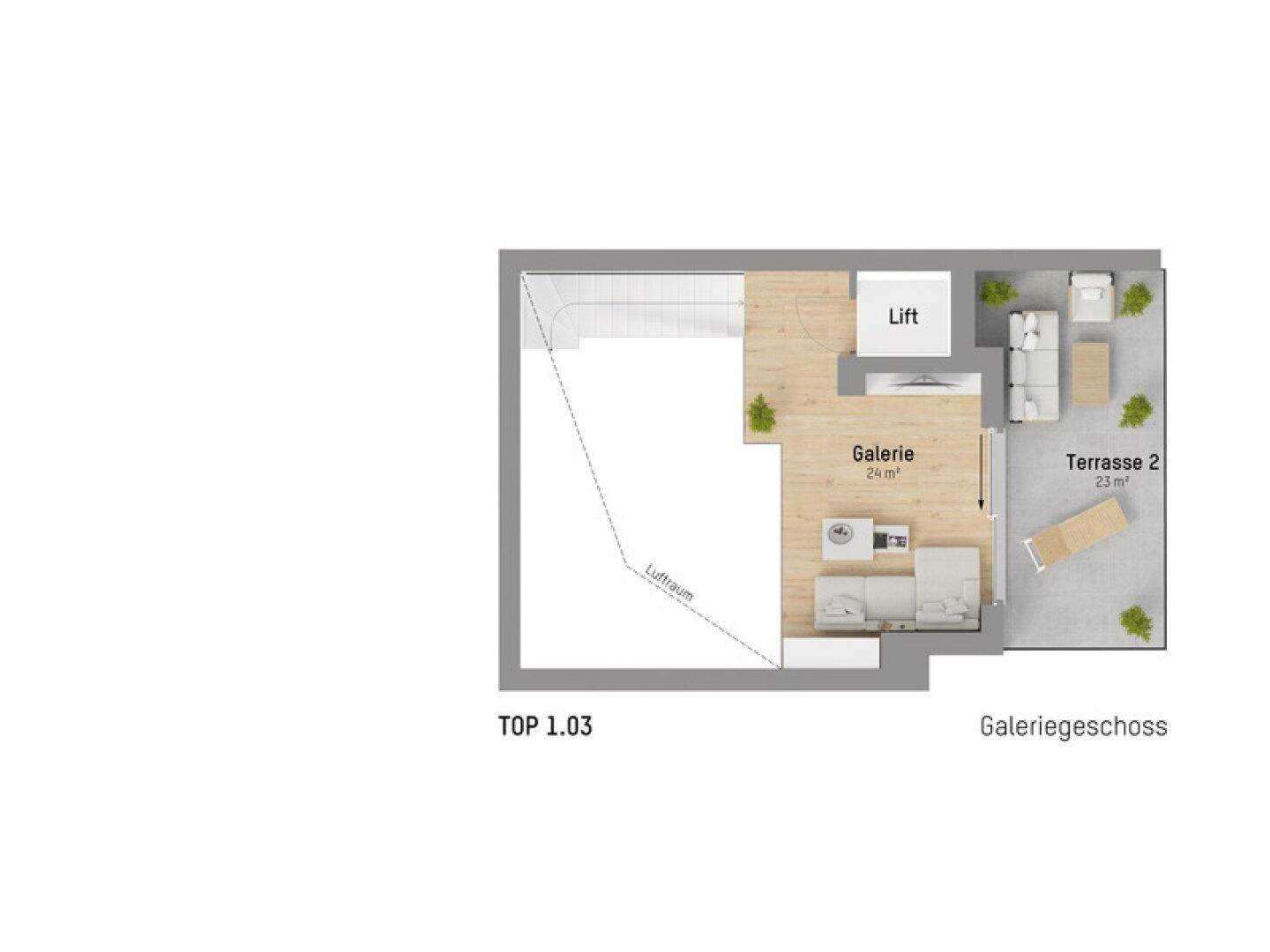 Grundriss des Galeriegeschosses von TOP 1.03 mit offenem Bereich, Lift und einer zweiten Terrasse.
