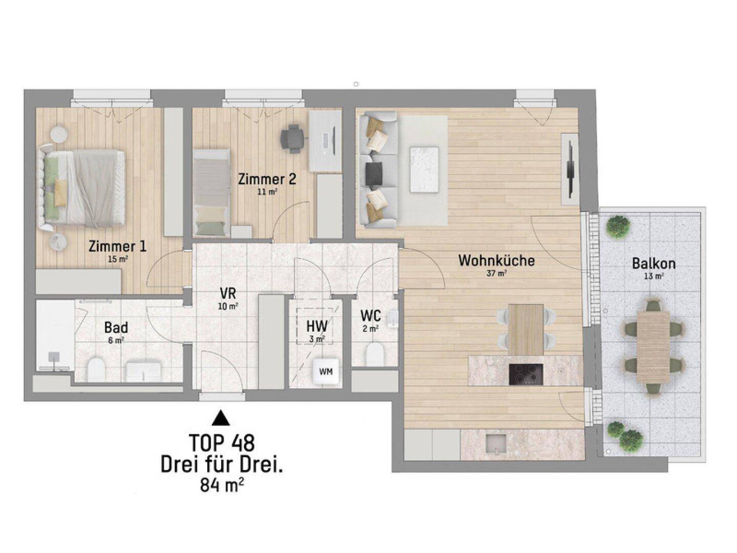 Grundriss einer Wohnung mit zwei Schlafzimmern, offener Wohnküche, Bad, WC und Balkon.