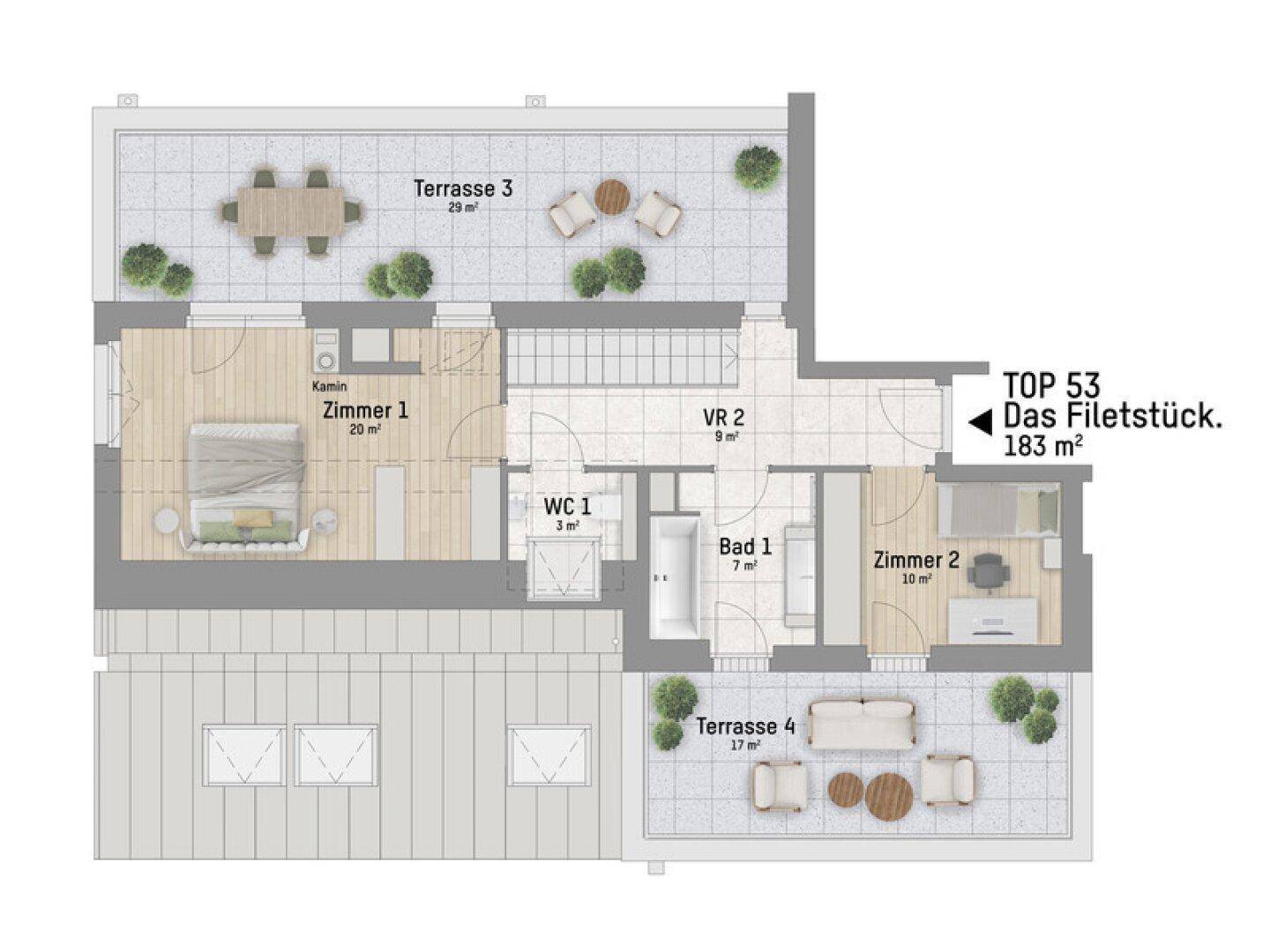 Grundriss der oberen Etage mit Schlafzimmern, Bädern und weiteren Terrassen.