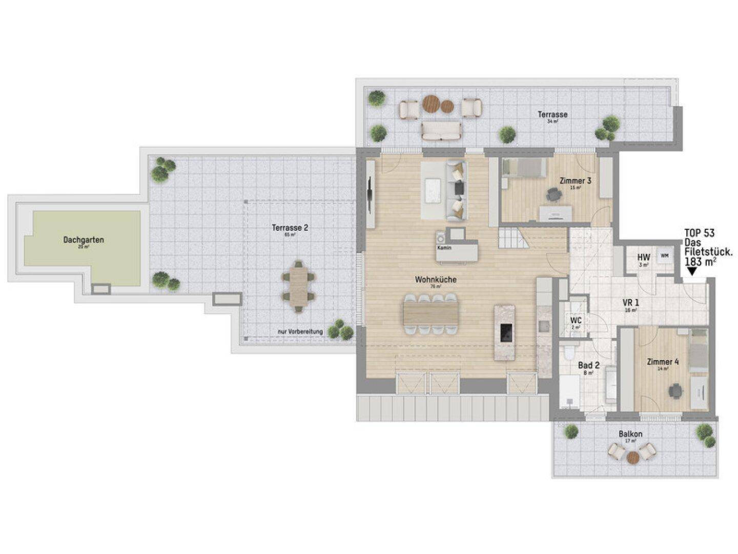 Grundriss einer Wohnung mit offener Wohnküche, mehreren Terrassen und Dachgarten.