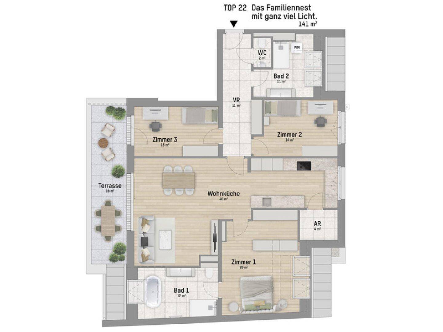 Grundriss einer Wohnung mit drei Zimmern, offener Wohnküche und großer Terrasse.