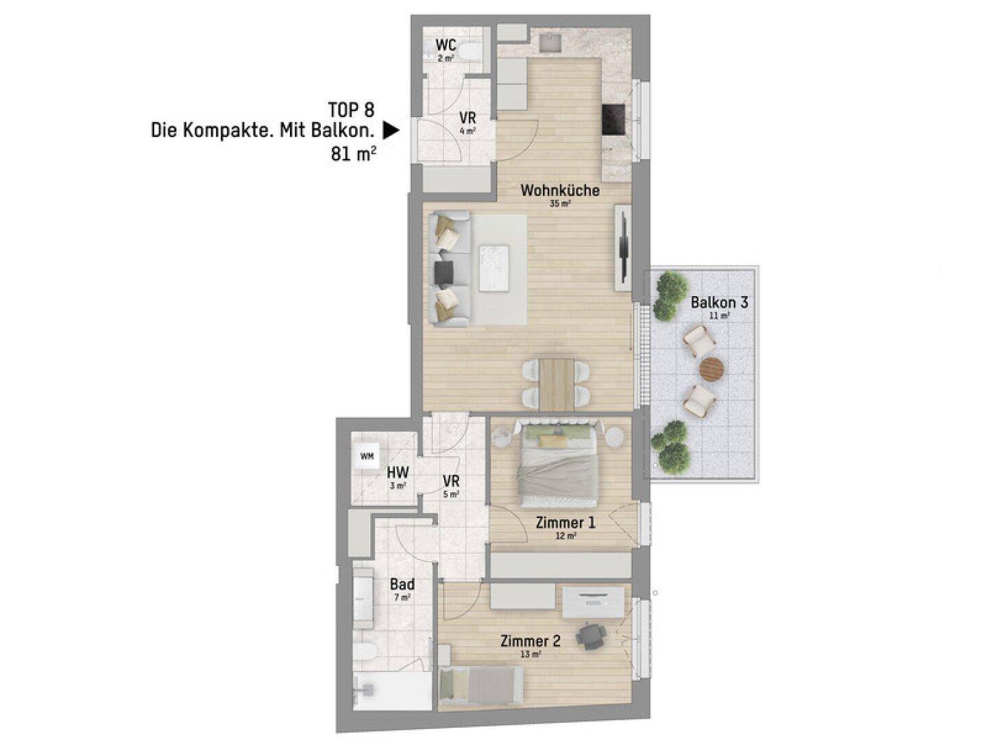 Grundriss einer kompakten 81m² Wohnung mit offener Wohnküche, zwei Zimmern und Balkon.