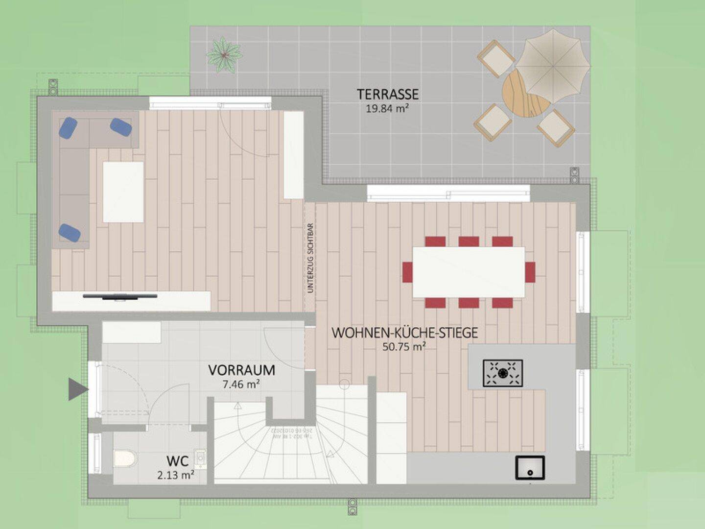 Grundriss des Erdgeschosses mit offenem Wohn-Essbereich und Terrasse.