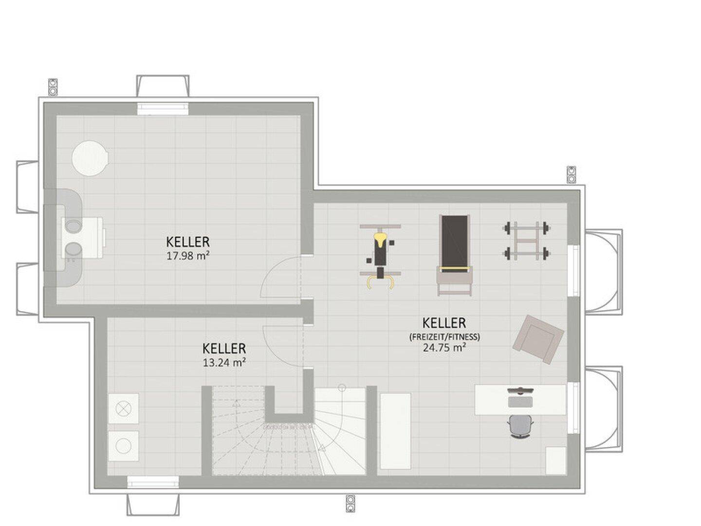Grundriss des Kellergeschosses mit mehreren Kellerräumen und Fitnessbereich.